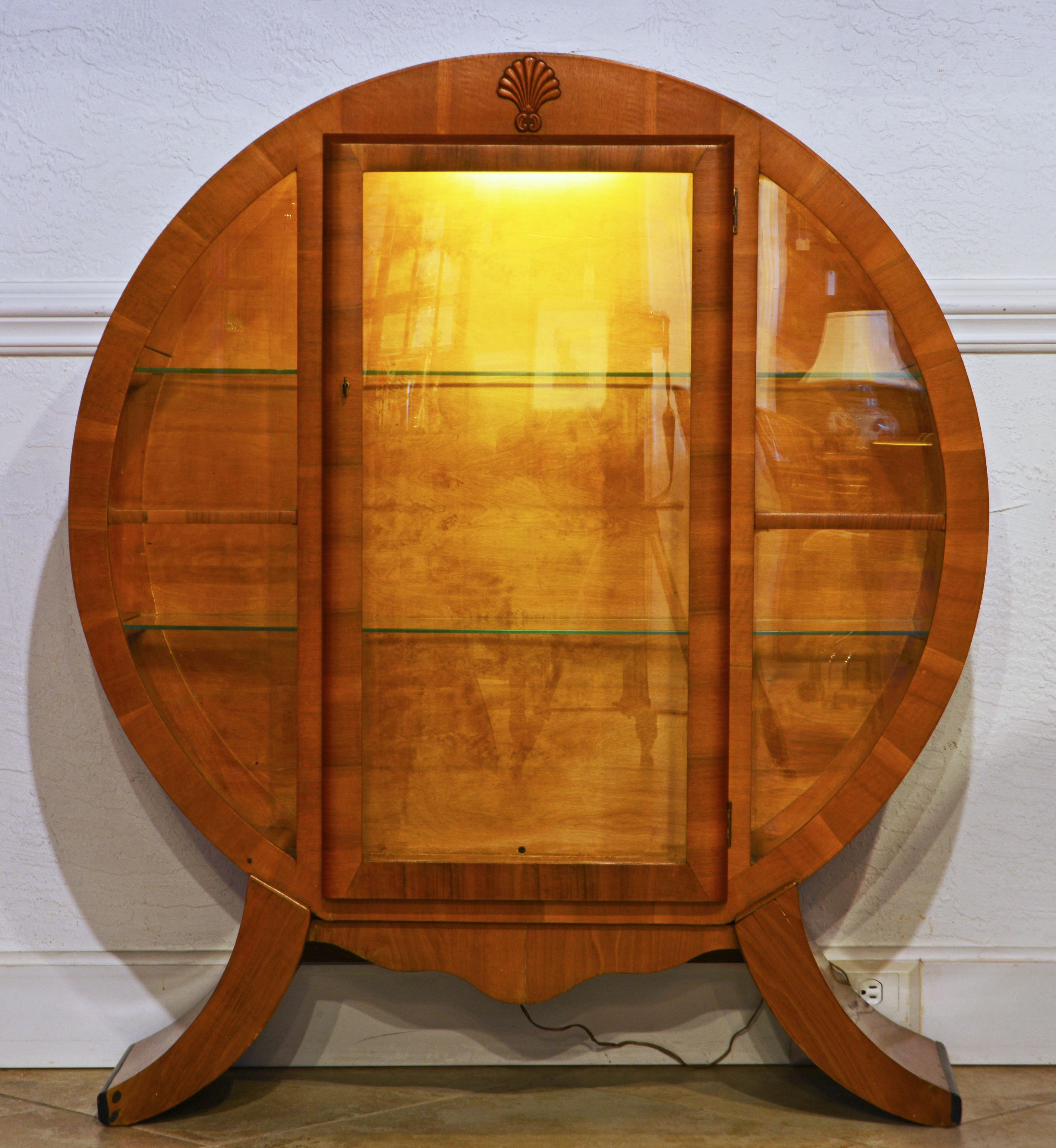 20th Century 1930's English Art Deco Circular Light Walnut Illuminated Display Cabinet