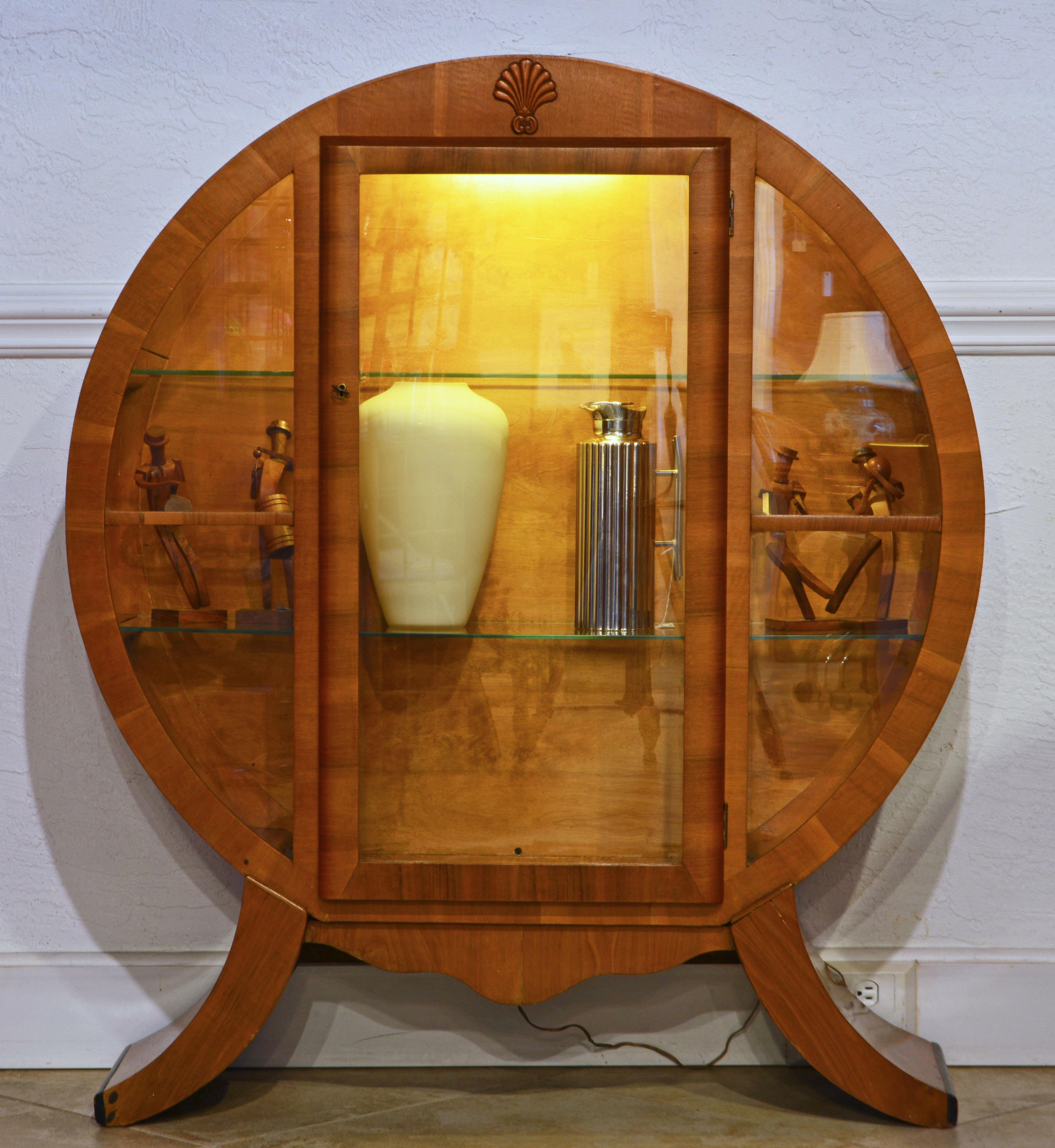 Glass 1930's English Art Deco Circular Light Walnut Illuminated Display Cabinet