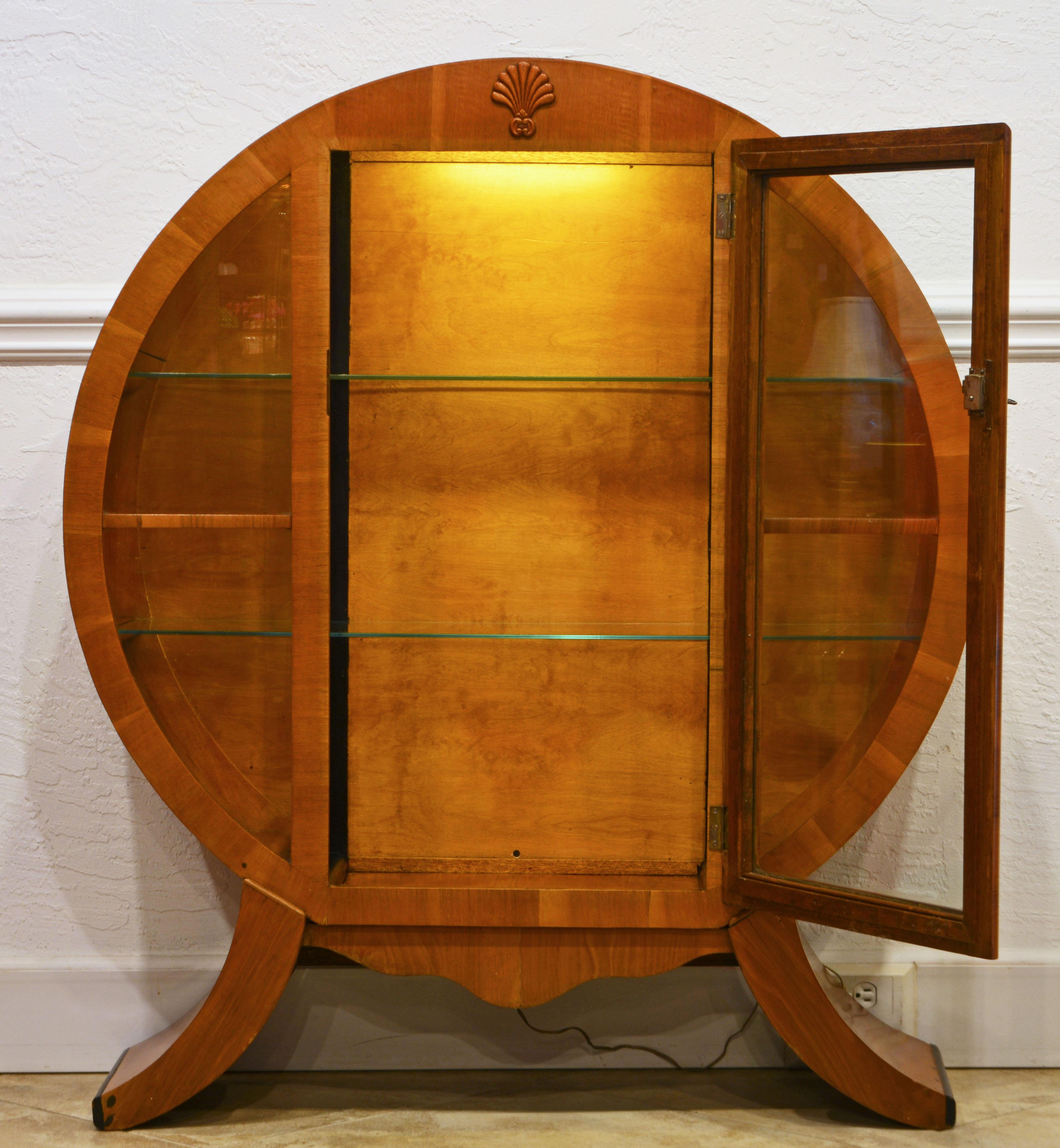 1930's English Art Deco Circular Light Walnut Illuminated Display Cabinet 1