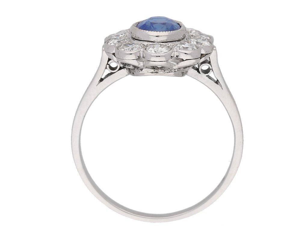 Cushion Cut 1930s English Art Deco Kashmir sapphire diamond cluster ring For Sale