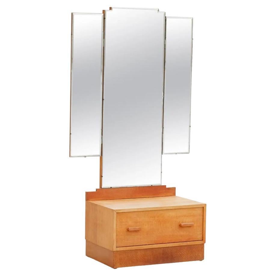 Table de coiffeuse Art déco anglaise des années 1930 avec triple miroir