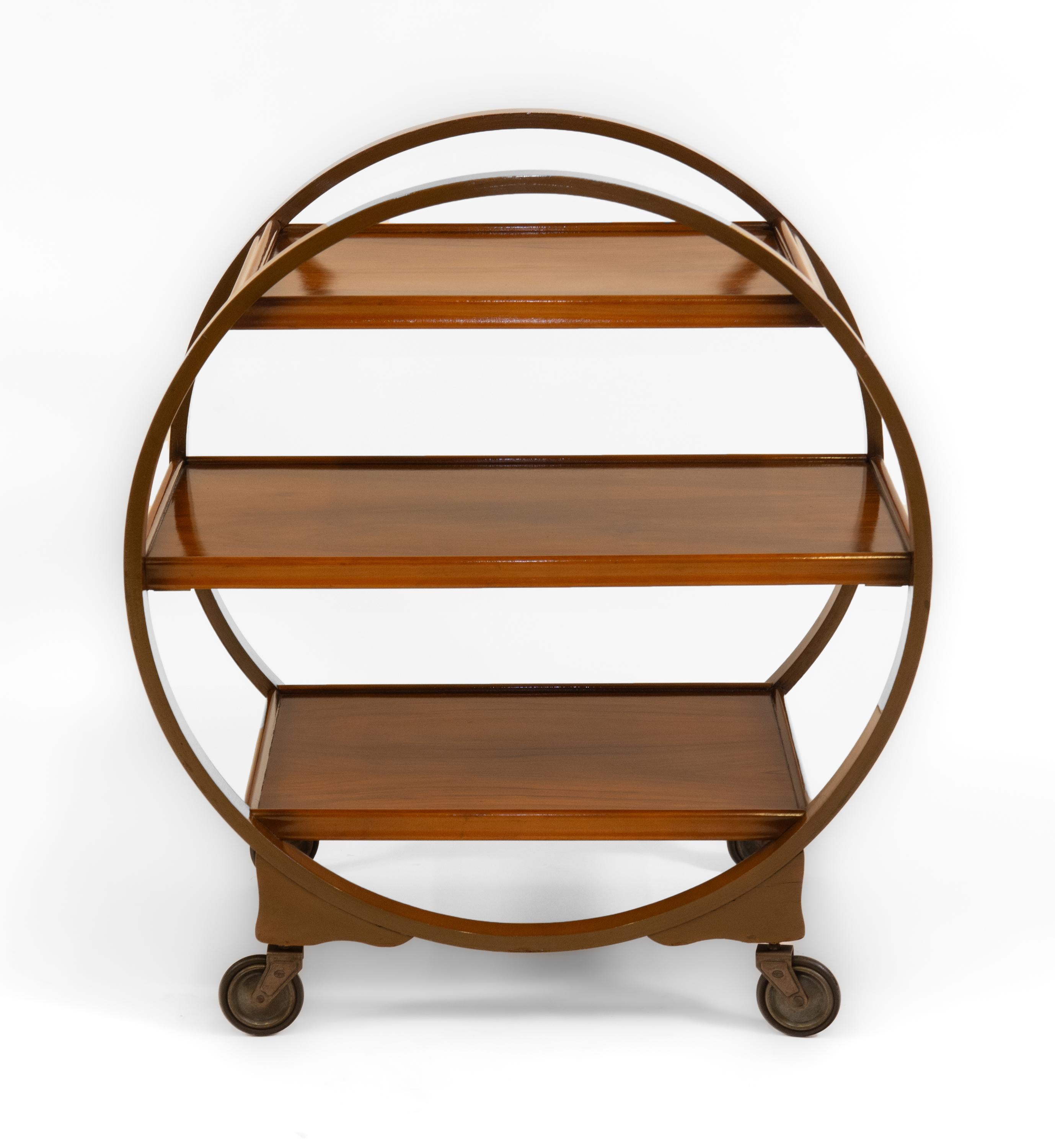 Veneer 1930s English Art Deco Walnut Round Drinks Cocktail Trolley Modernist Bar Cart