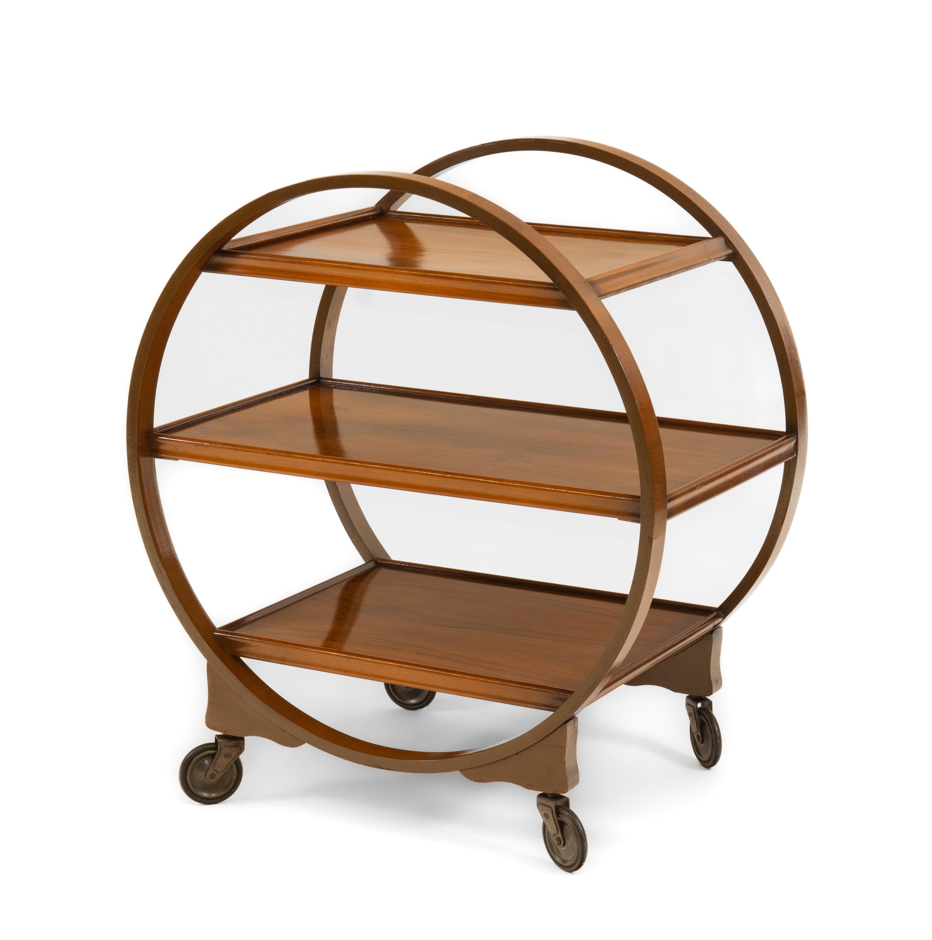 1930s English Art Deco Walnut Round Drinks Cocktail Trolley Modernist Bar Cart In Good Condition For Sale In Norwich, GB