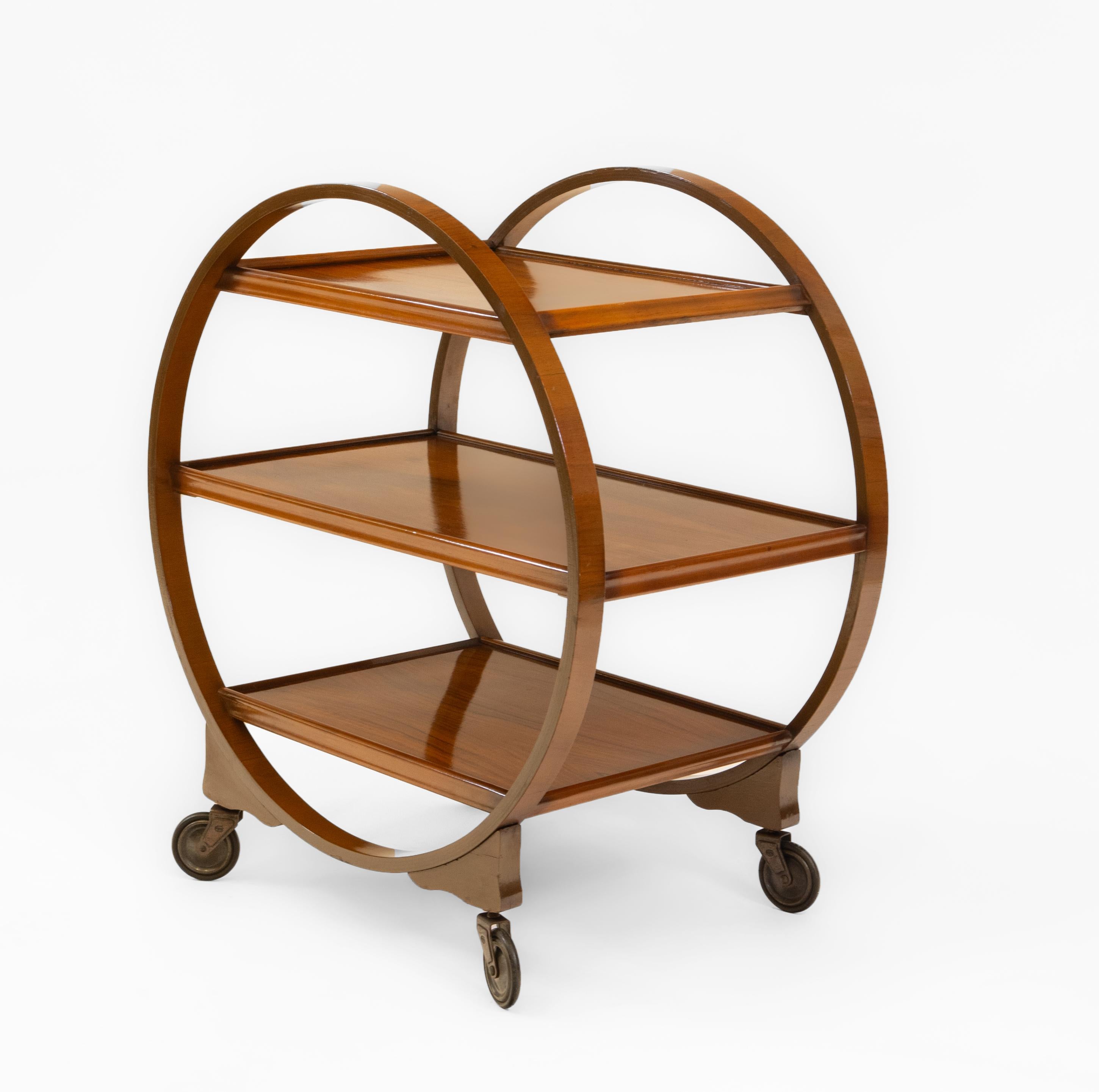 1930s English Art Deco Walnut Round Drinks Cocktail Trolley Modernist Bar Cart For Sale 3