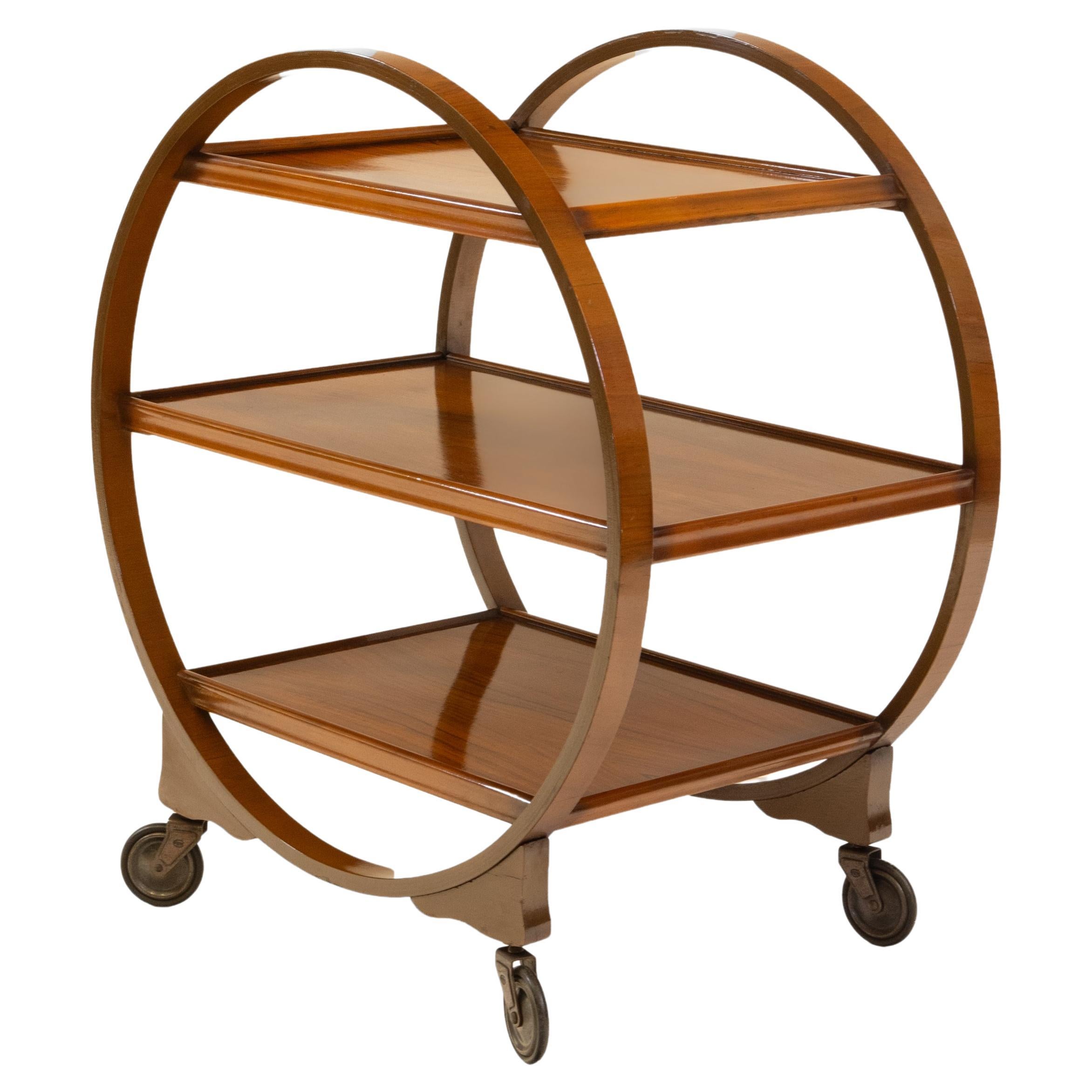 1930s English Art Deco Walnut Round Drinks Cocktail Trolley Modernist Bar Cart For Sale