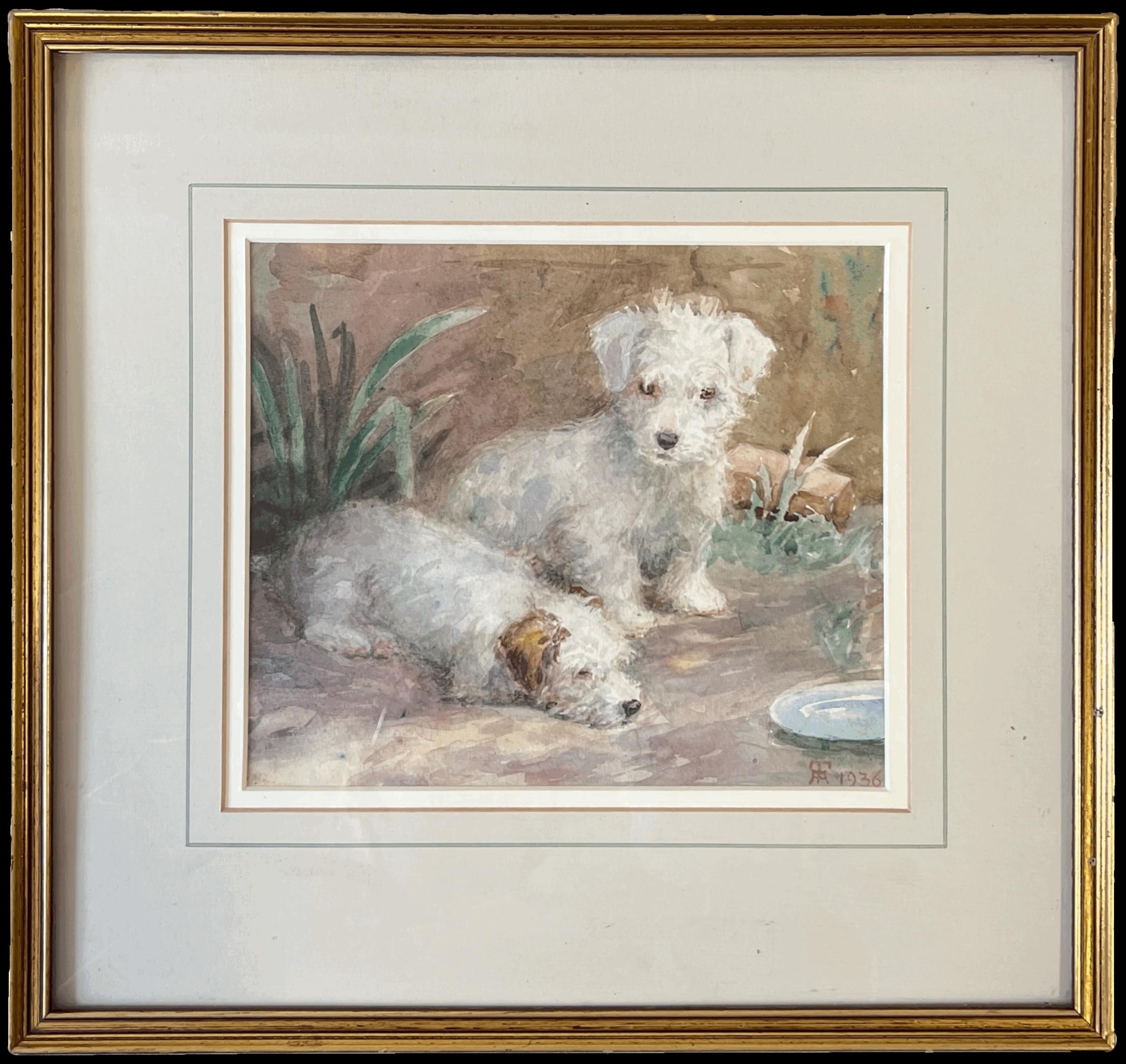 1930's English Dog Painting Wire Fox Terrier Puppies Waiting to be fed Signed (Grau), Animal Painting, von 1930's English artist