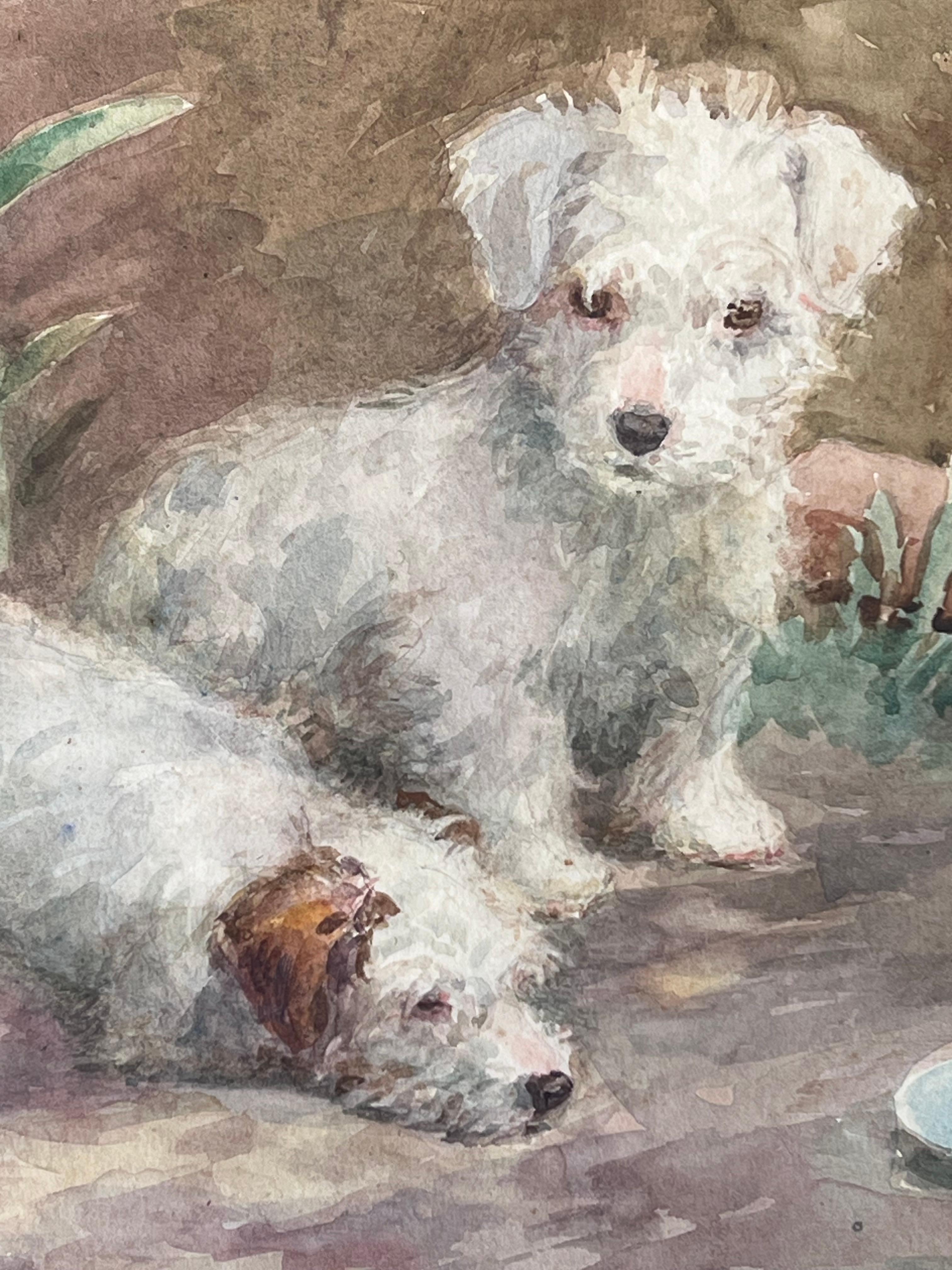 1930's English Dog Painting Wire Fox Terrier Puppies Waiting to be fed Signed im Angebot 1