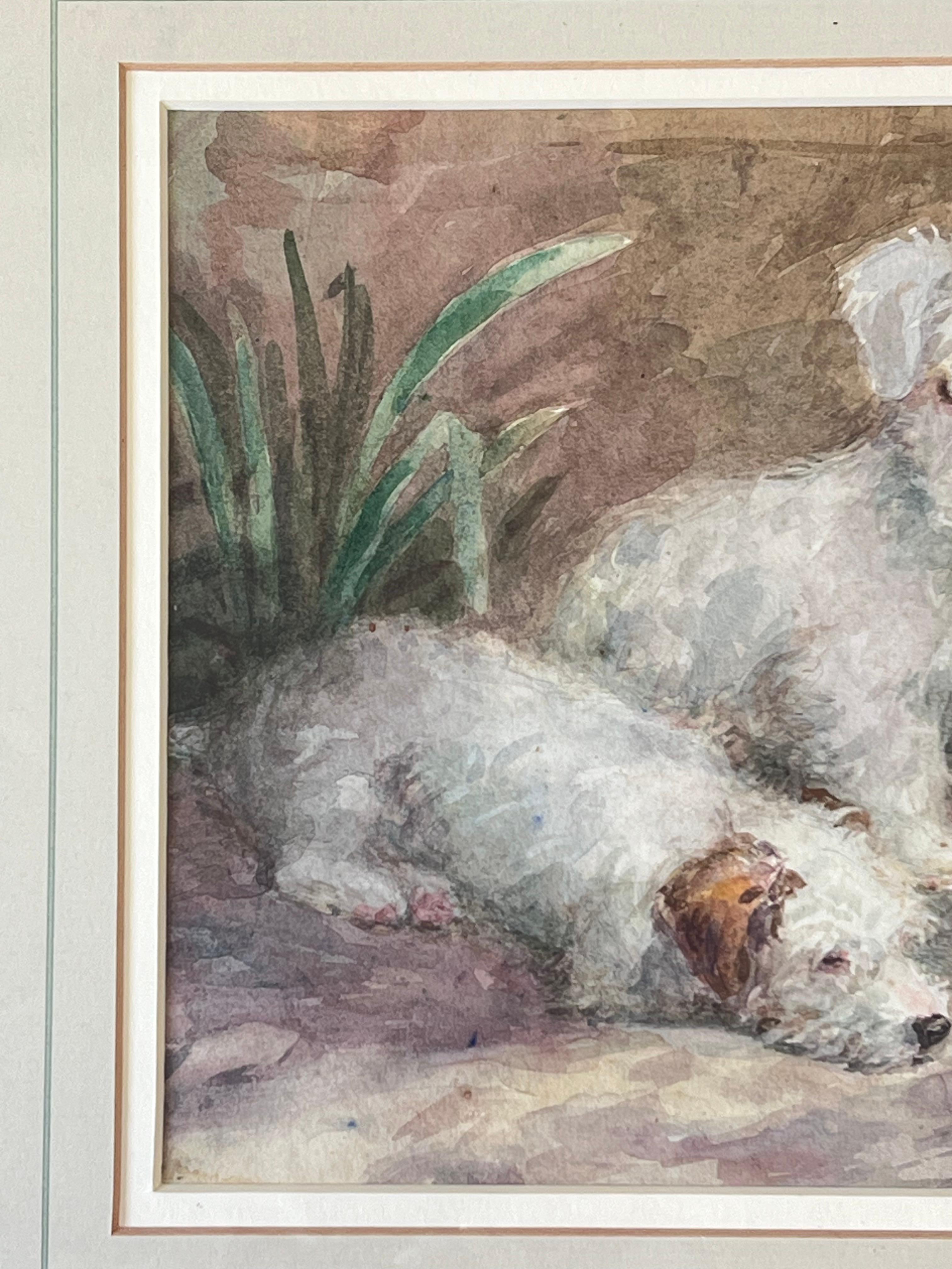 1930's English Dog Painting Wire Fox Terrier Puppies Waiting to be fed Signed im Angebot 2