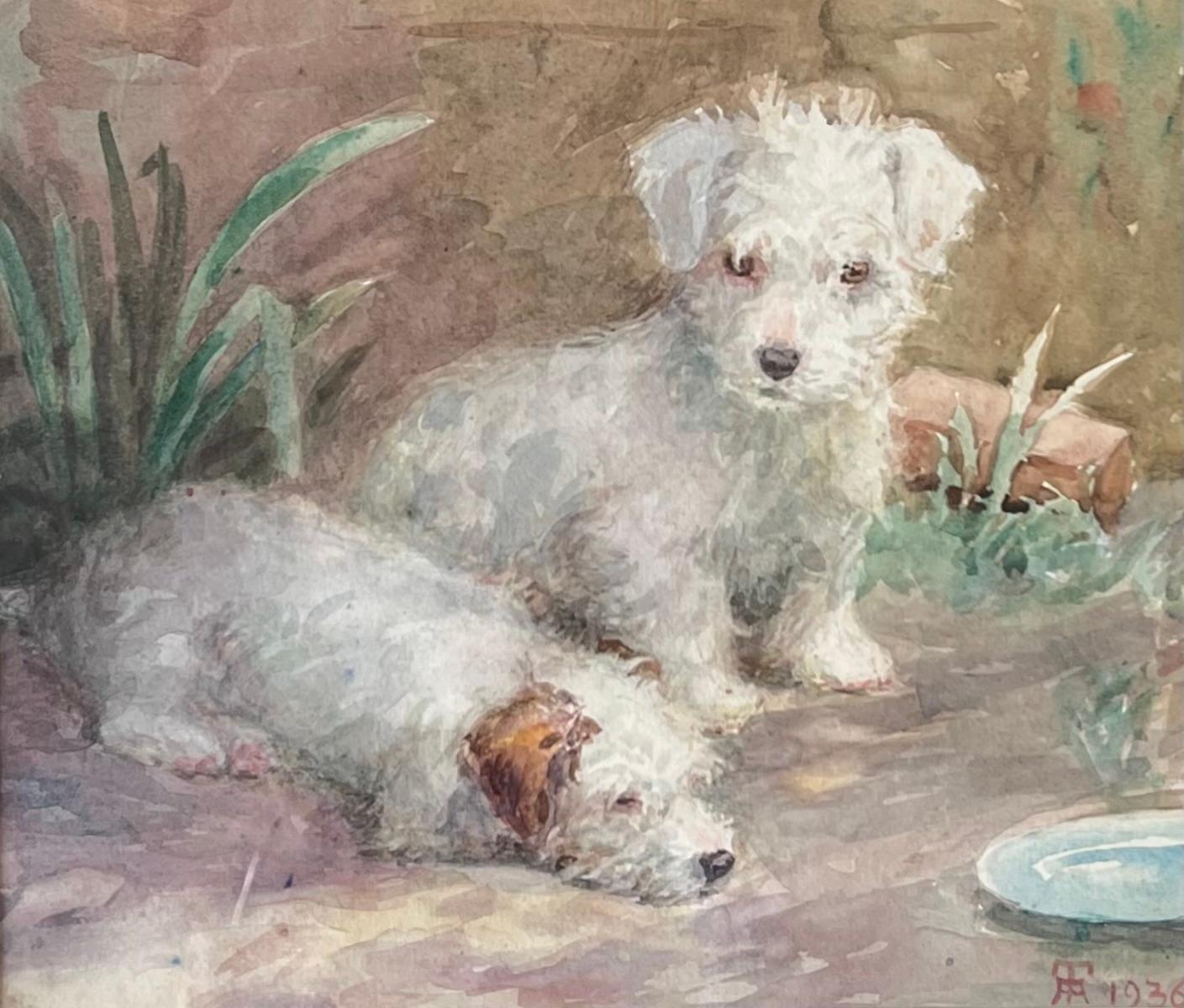 1930's English Dog Painting Wire Fox Terrier Puppies Waiting to be fed Signed