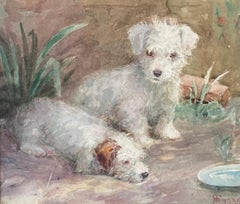 1930's English Dog Painting Wire Fox Terrier Puppies Waiting to be fed Signed