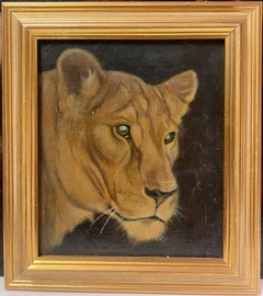Head Portrait of a Lioness Fine British 1930's Oil Painting Gilt Framed