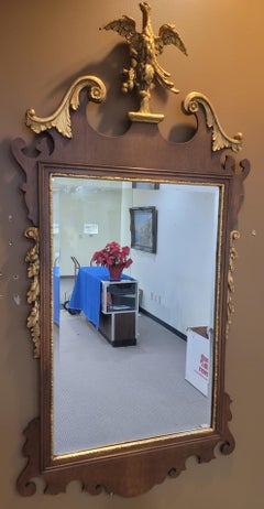 1930s English Chippendale Mahogany Parcel-Gilt Mirror w/ Phoenix Crest Finial