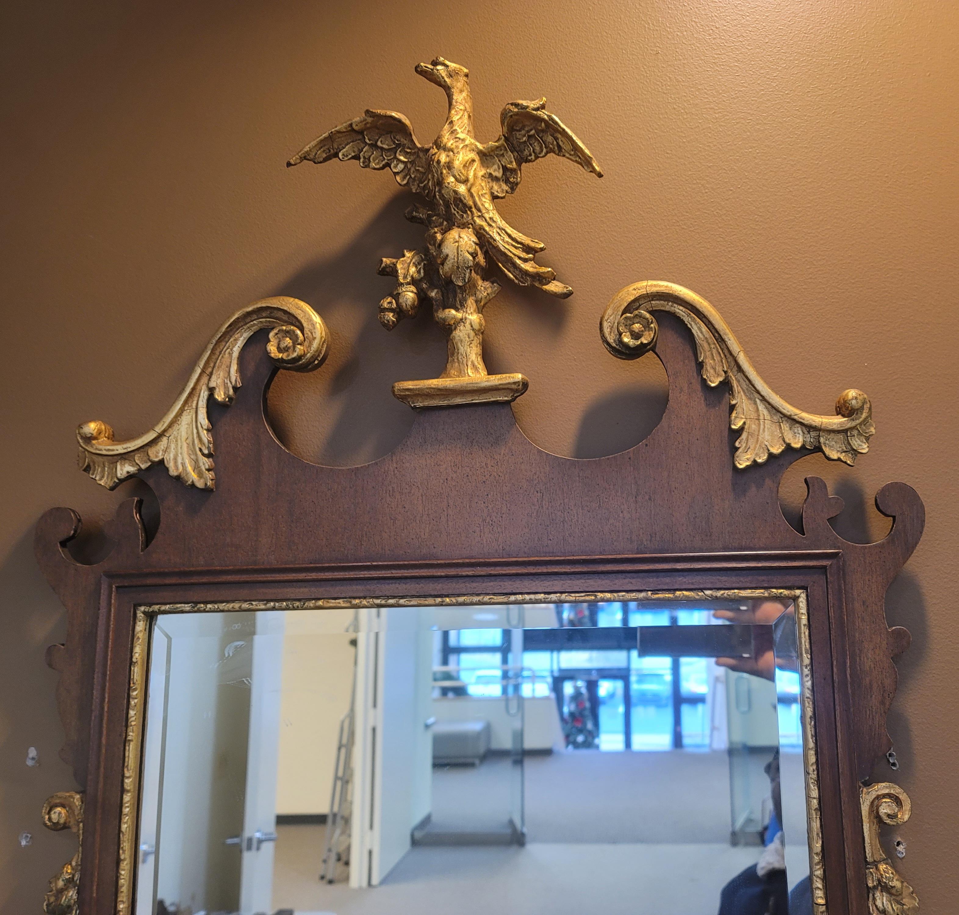 1930s English Chippendale Mahogany Parcel-Gilt Mirror w/ Phoenix Crest Finial For Sale 2