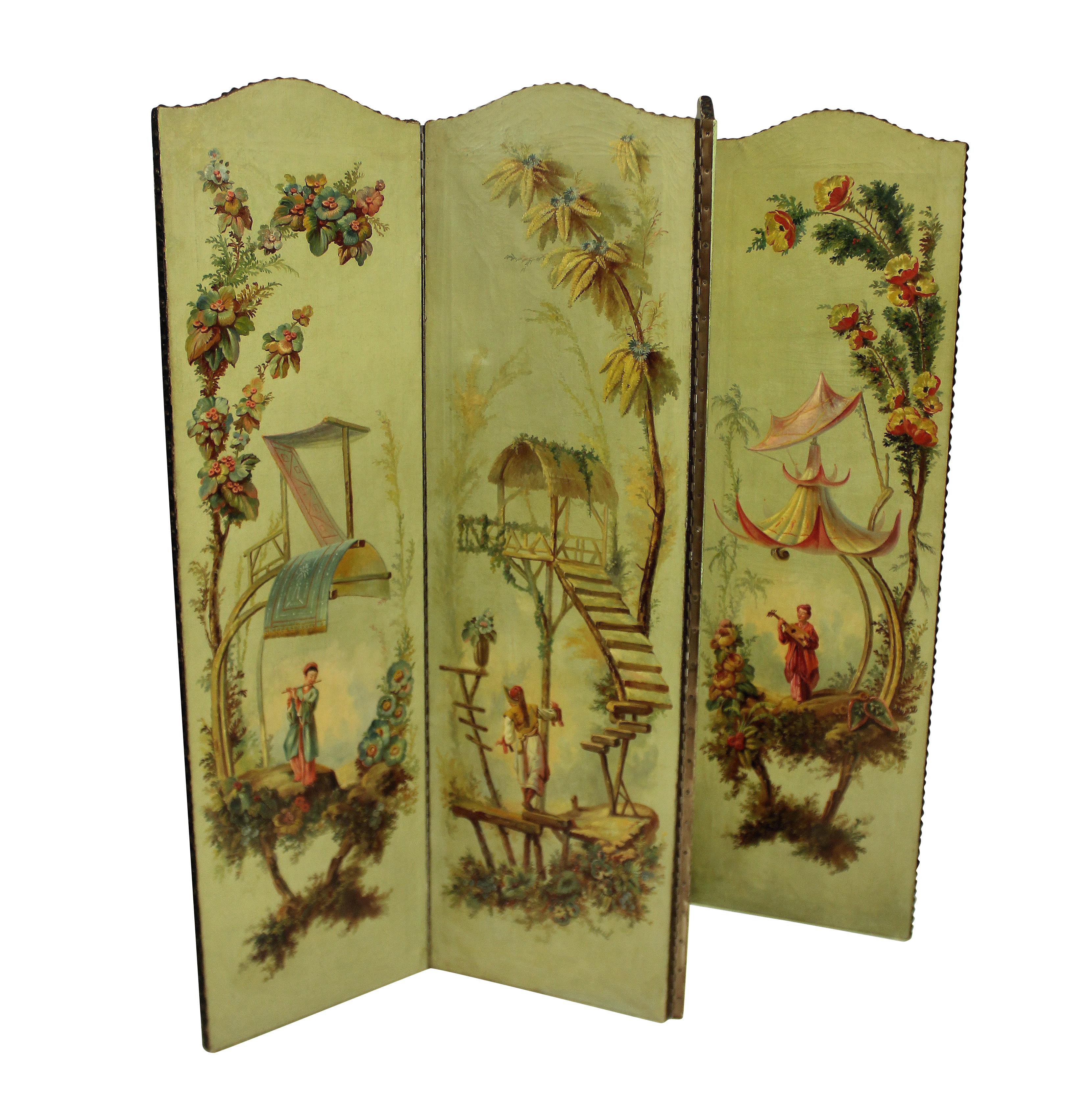 An English hand painted chinoiserie four fold screen. With an oil on canvas eau de nil background, painted with oriental scenes. In good condition.