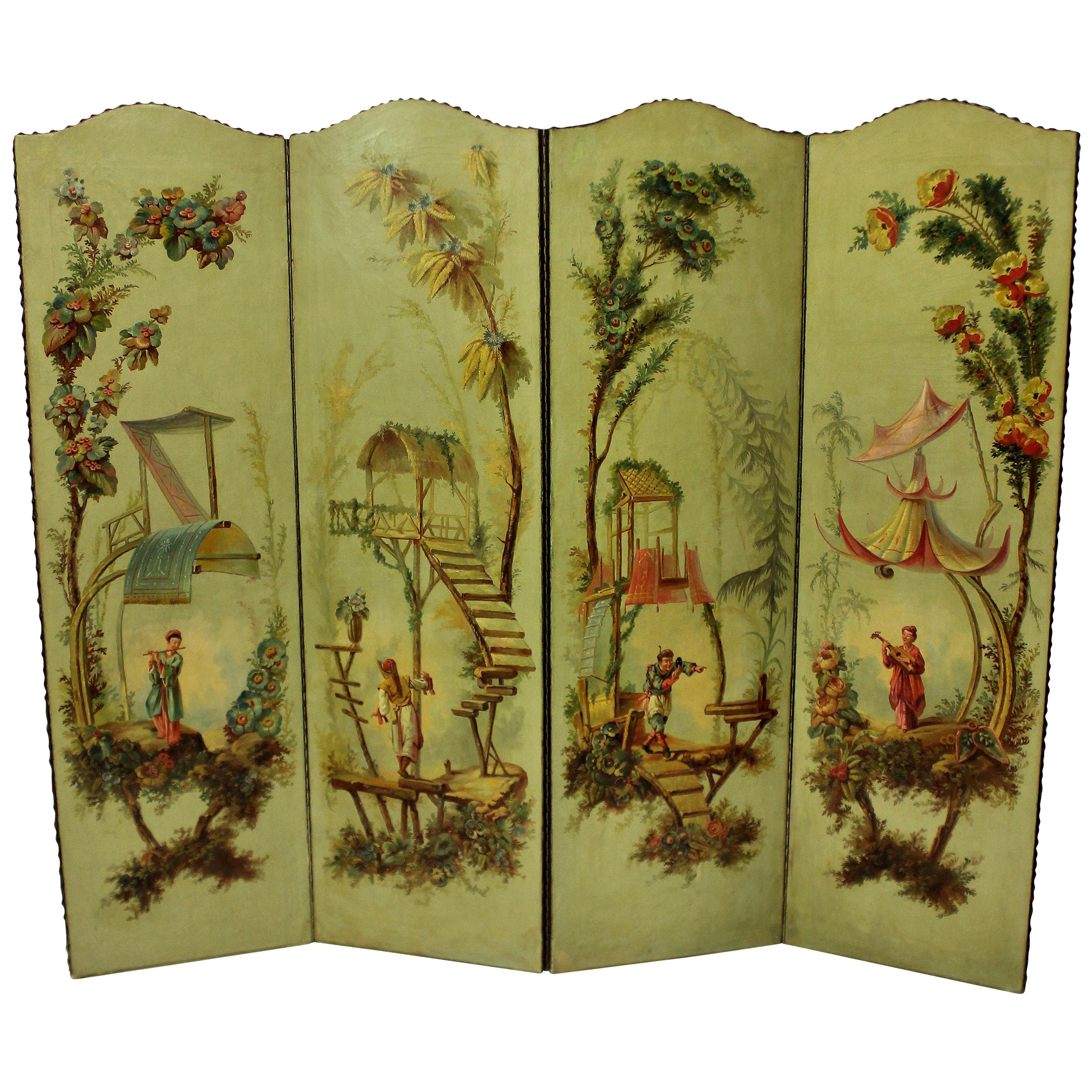 1930s English Hand Painted Chinoiserie Screen