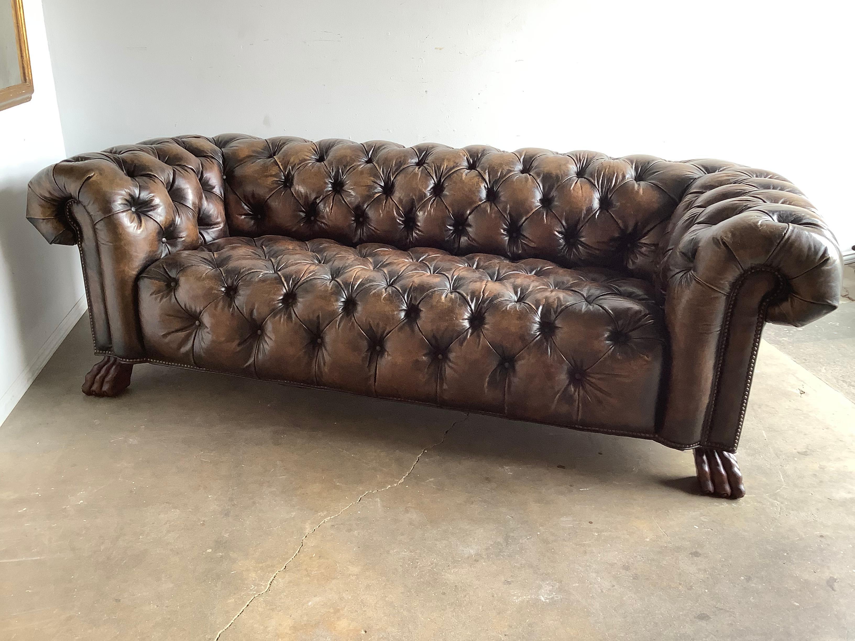 1930’s English Leather Chesterfield Style Sofa with Lion’s Paw Feet 5