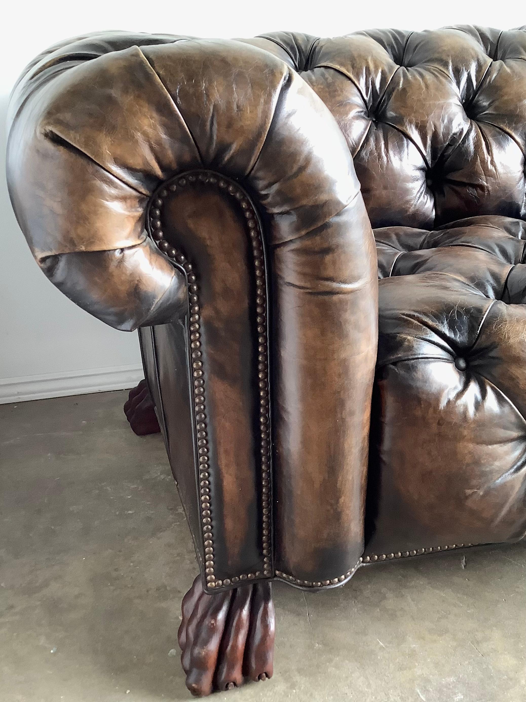 1930’s English Leather Chesterfield Style Sofa with Lion’s Paw Feet 6