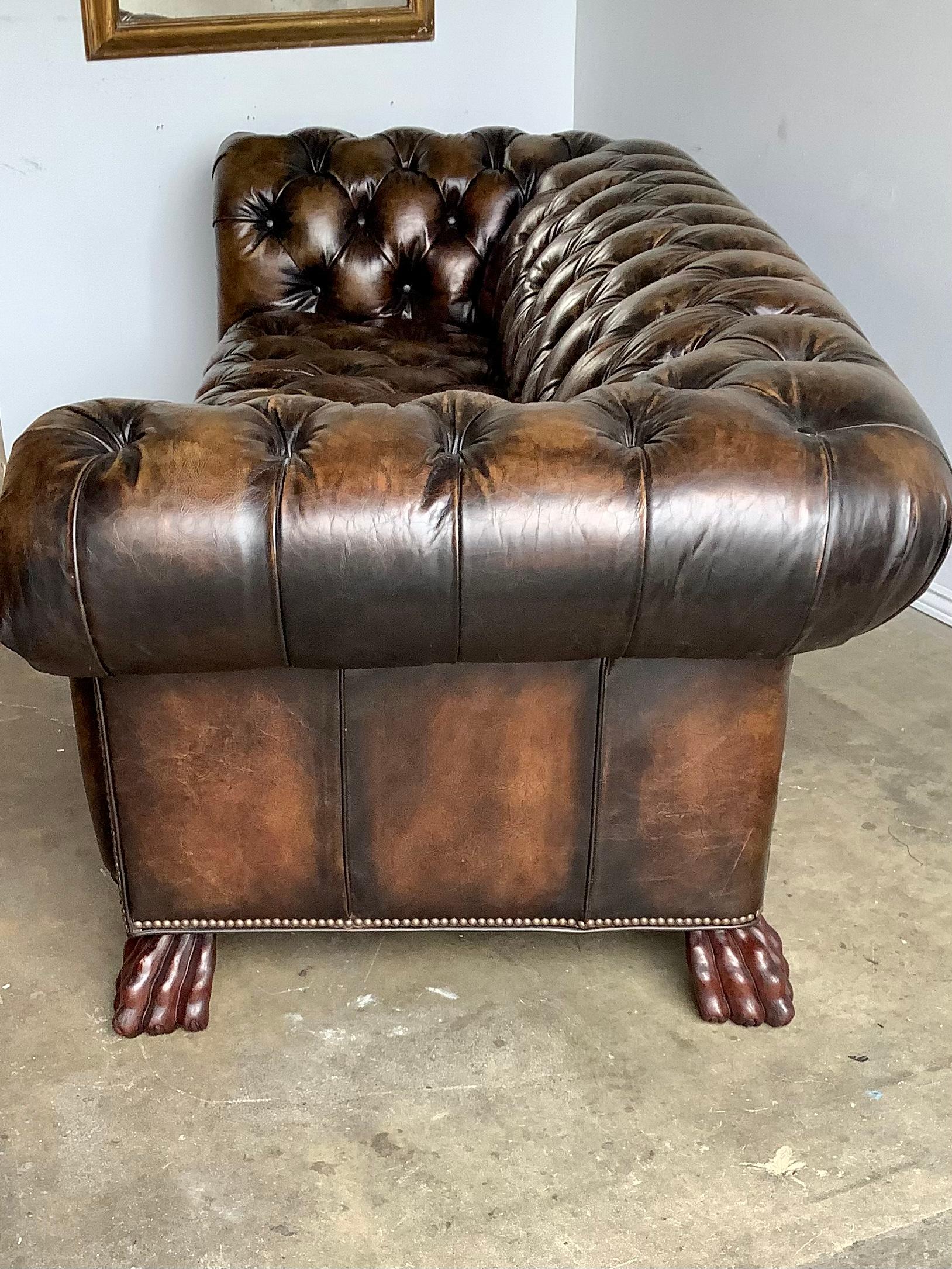 1930’s English Leather Chesterfield Style Sofa with Lion’s Paw Feet 7
