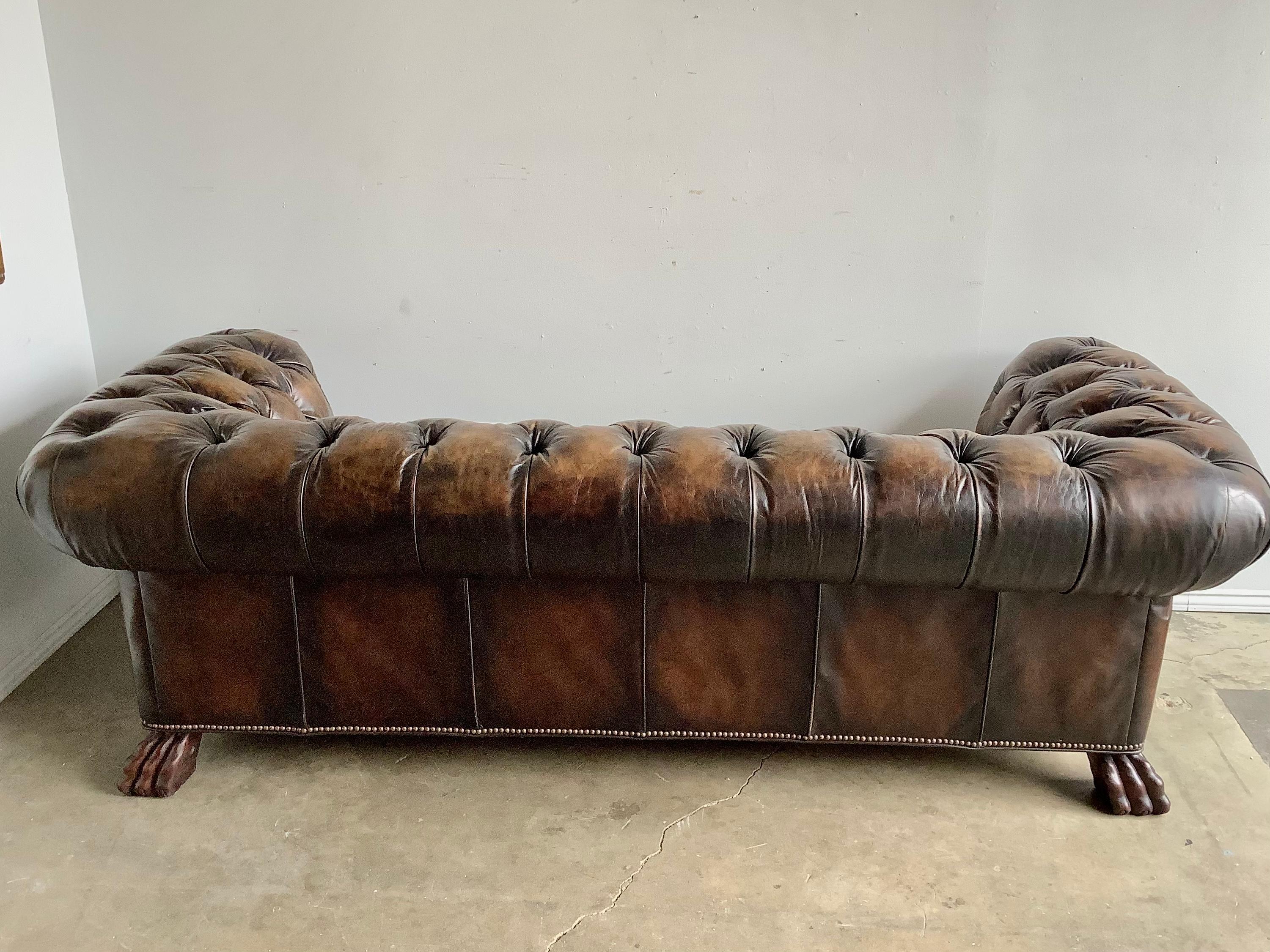 1930’s English Leather Chesterfield Style Sofa with Lion’s Paw Feet 9
