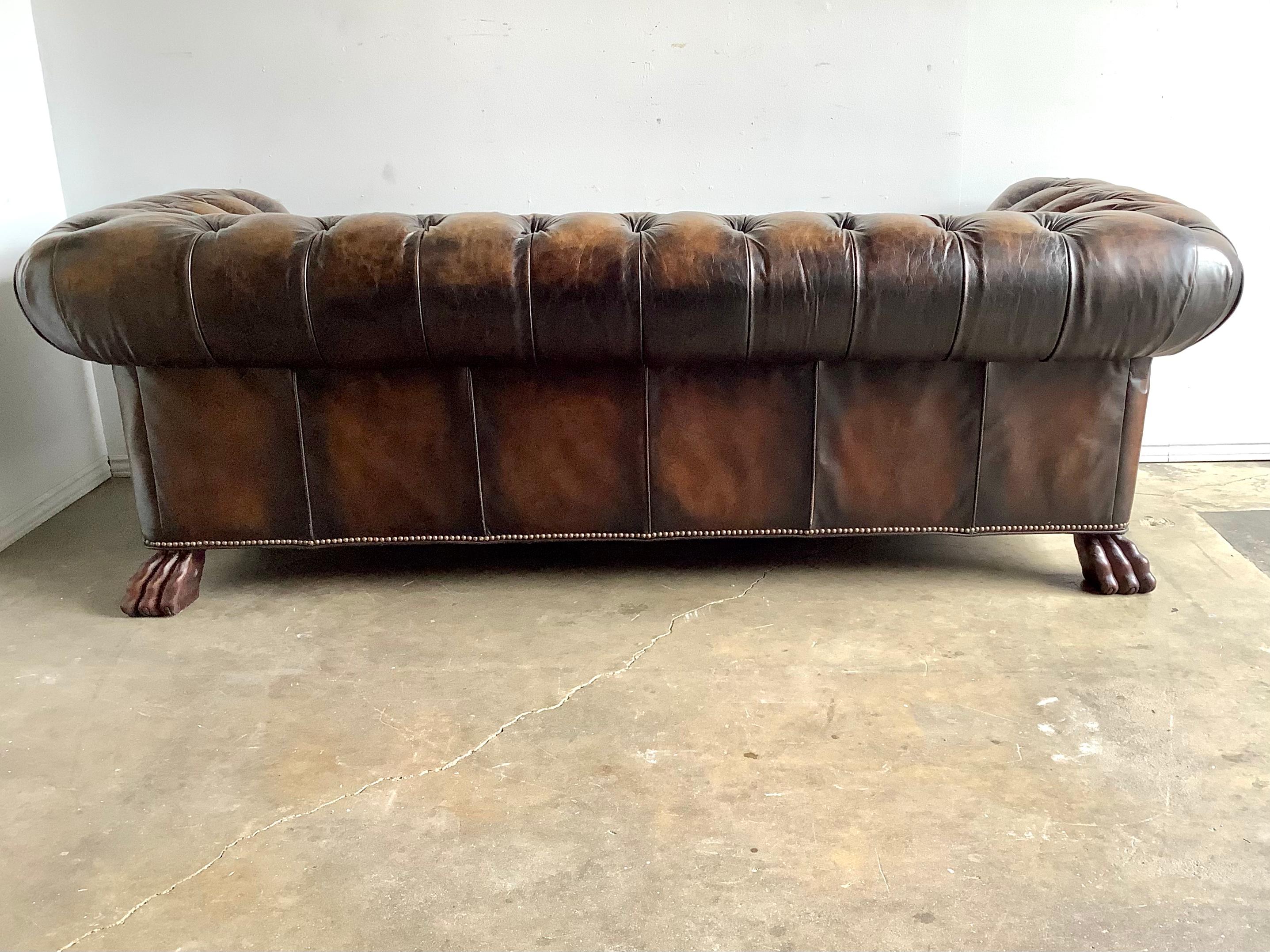 1930’s English Leather Chesterfield Style Sofa with Lion’s Paw Feet 10
