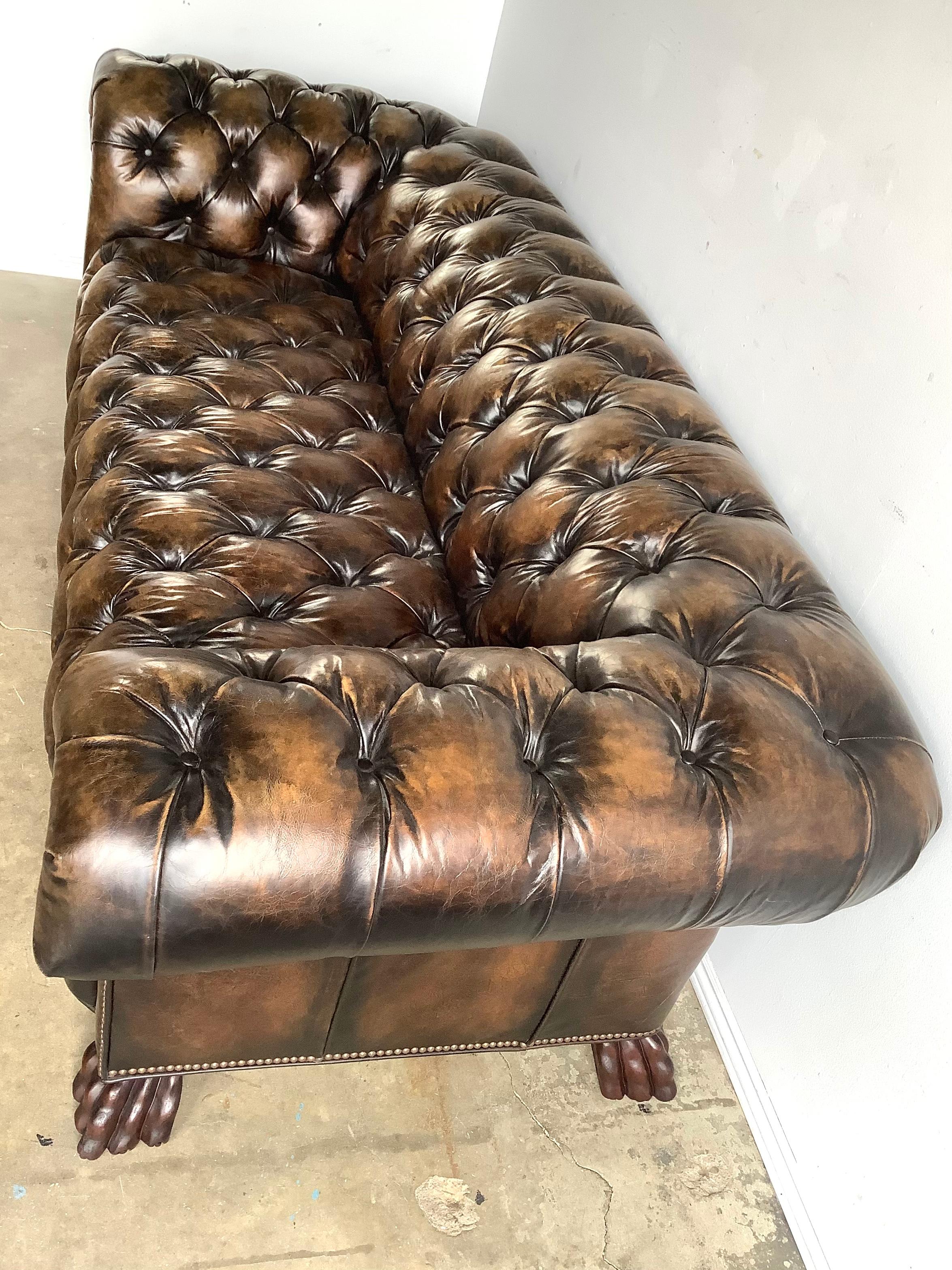 Mid-20th Century 1930’s English Leather Chesterfield Style Sofa with Lion’s Paw Feet