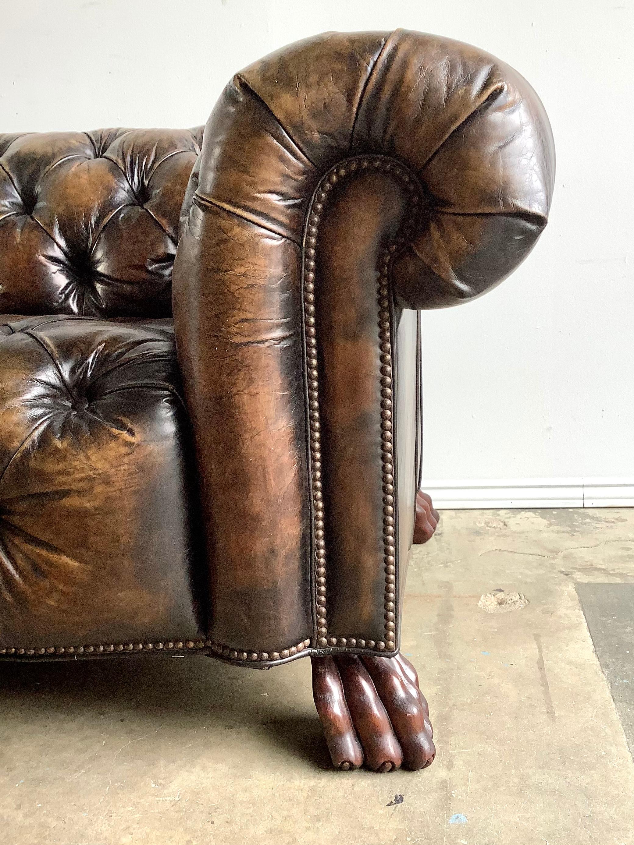 1930’s English Leather Chesterfield Style Sofa with Lion’s Paw Feet 1
