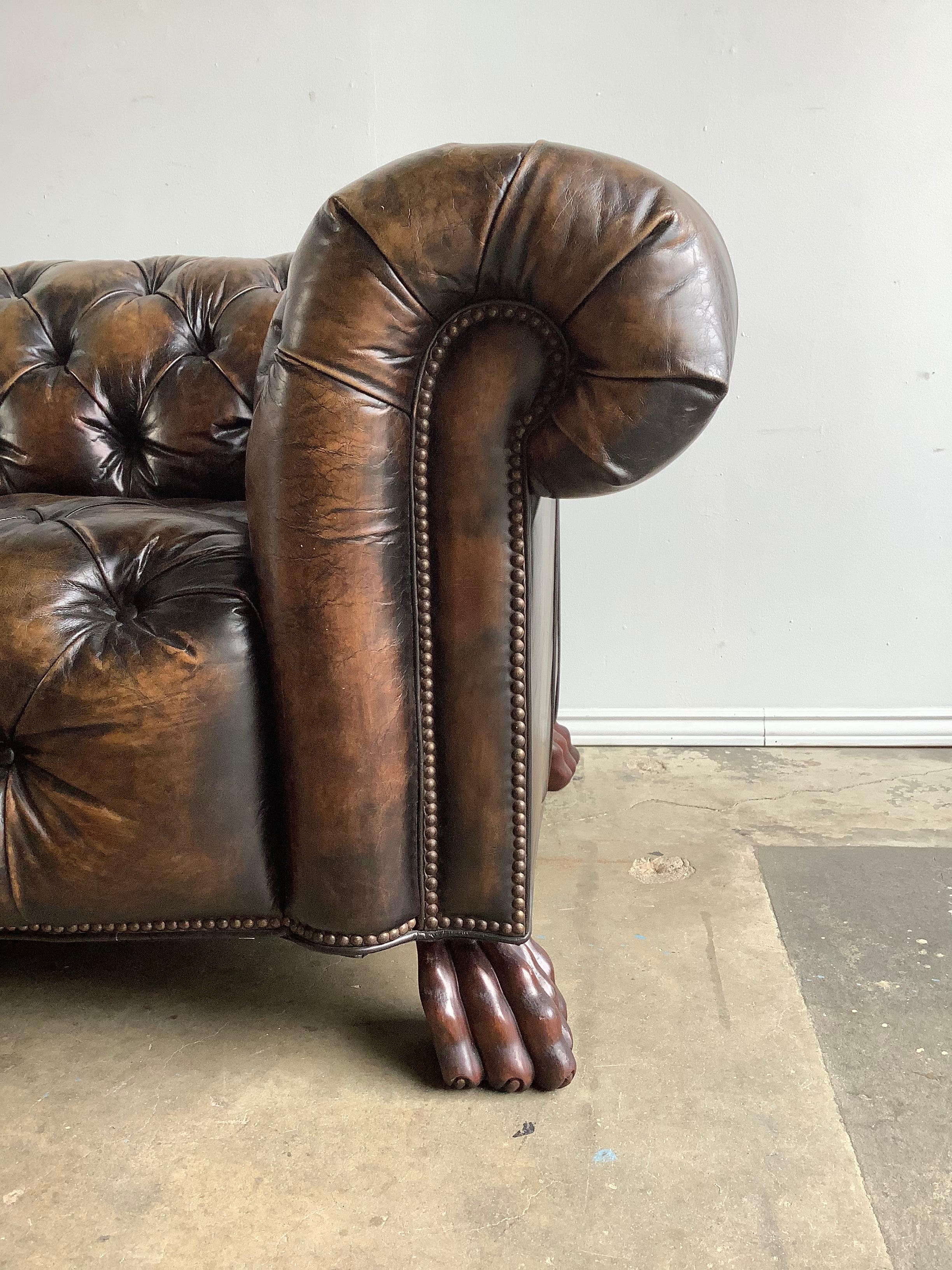 1930’s English Leather Chesterfield Style Sofa with Lion’s Paw Feet 2