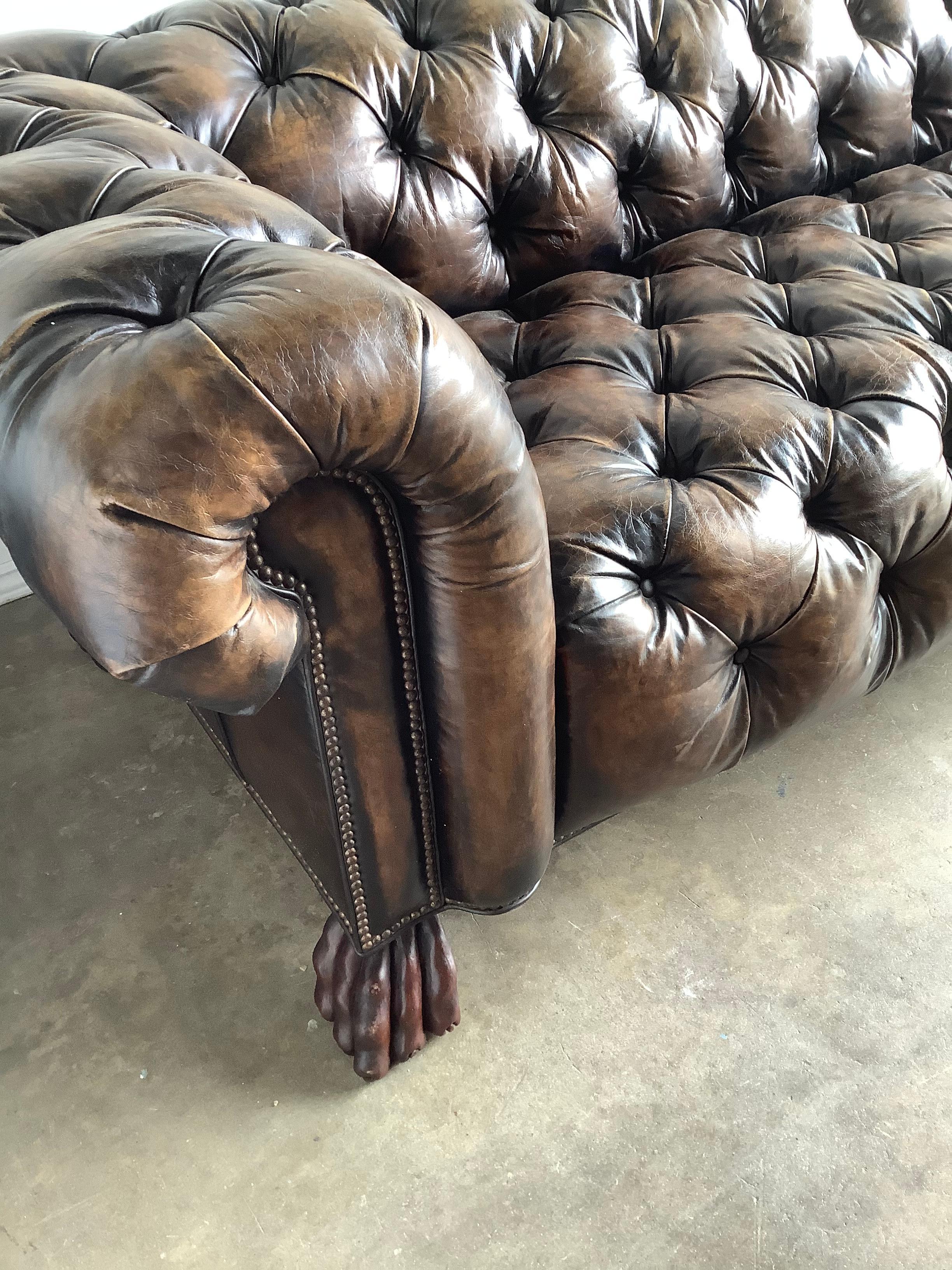 1930’s English Leather Chesterfield Style Sofa with Lion’s Paw Feet 4