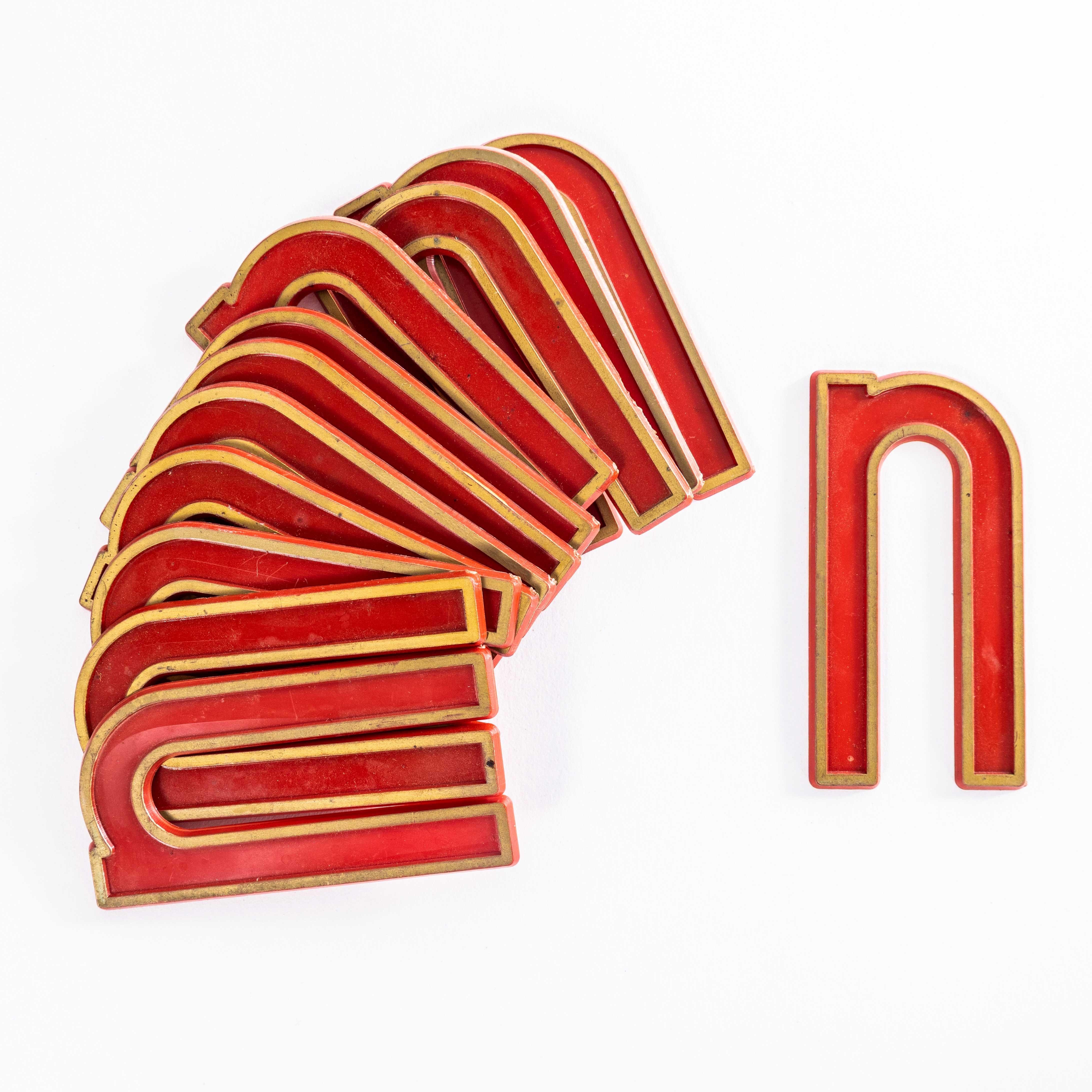 1930’s English Marquee Cinema Letter – N. 
Classic English cinema letters used at cinemas as signage for the film title, actors and so on. Made in acrylic plastic they slotted into tracks on the billboard. The term marquee comes from the French word