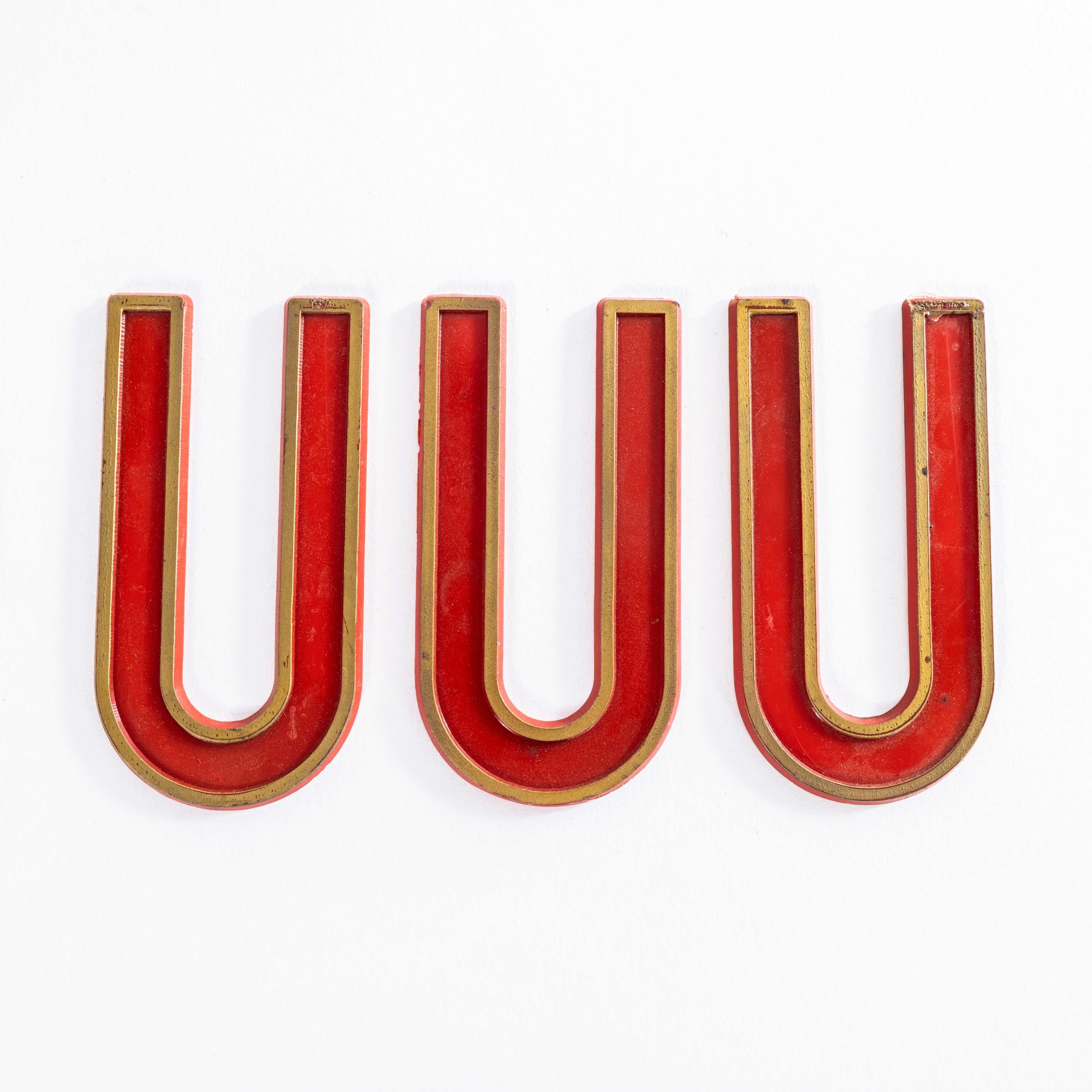 1930’s English Marquee Cinema Letter – U. 
Classic English cinema letters used at cinemas as signage for the film title, actors and so on. Made in acrylic plastic they slotted into tracks on the billboard. The term marquee comes from the French word