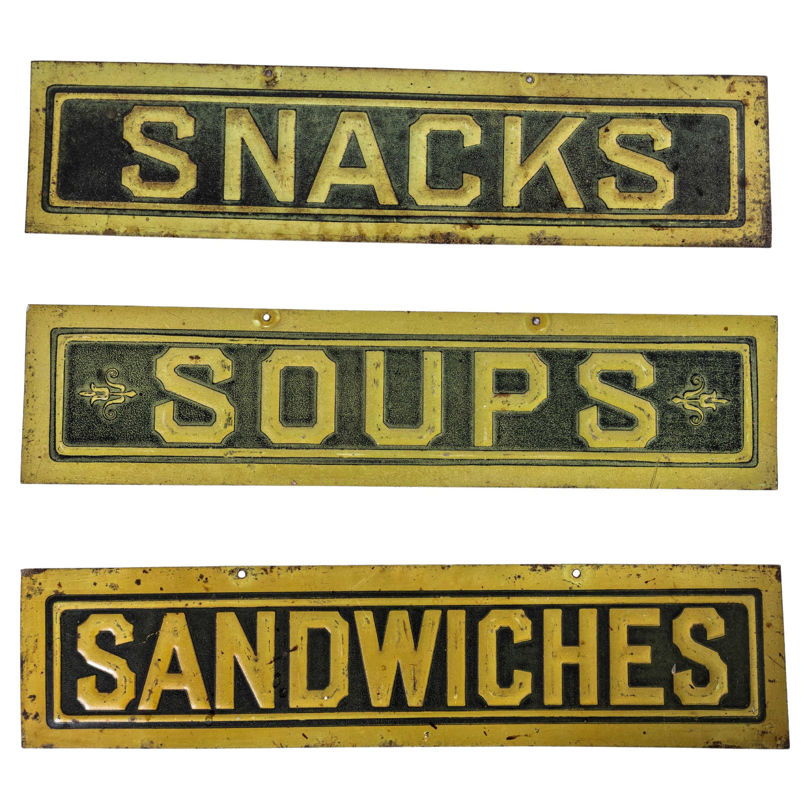 1930's English Pressed Steel Café Signs - Set Of Three For Sale
