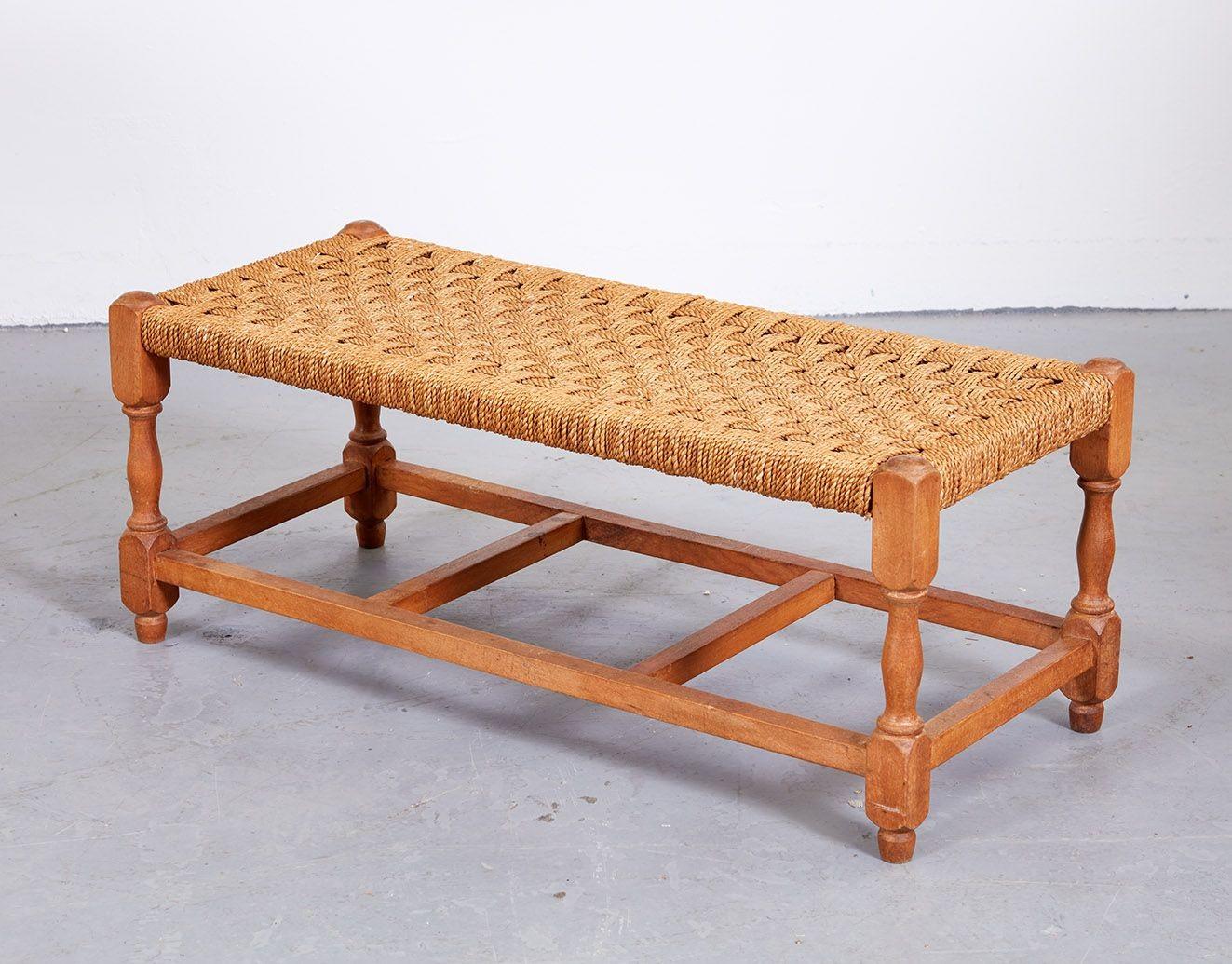 English 1930's turned wood and woven hemp rope bench with stretcher base of useful long size. 