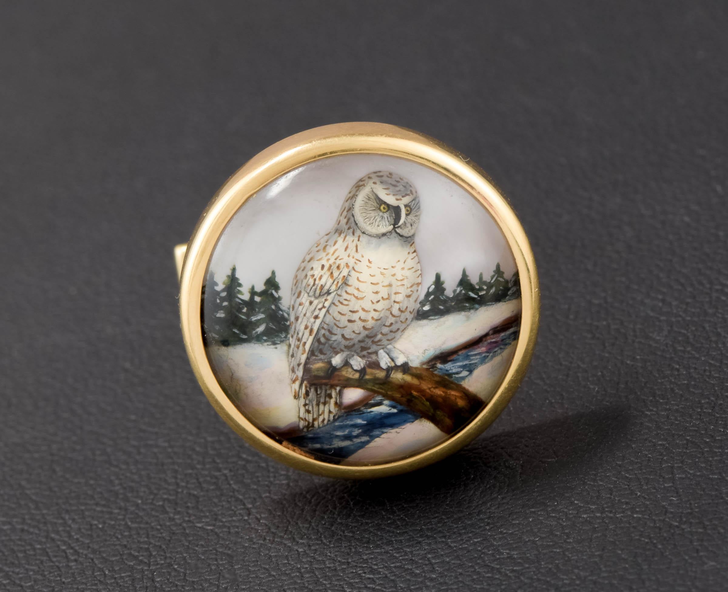 1930s Essex Crystal Snowy Arctic Owl 14K Gold Pendant, Reverse Carved & Painted 7