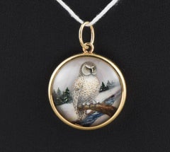 1930s Essex Crystal Snowy Arctic Owl 14K Gold Pendant, Reverse Carved & Painted