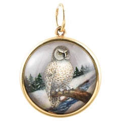 1930s Essex Crystal Snowy Arctic Owl 14K Gold Pendant, Reverse Carved & Painted