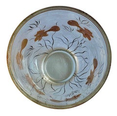 Monumental Etched Glass Vase with Gold Fish Overlay