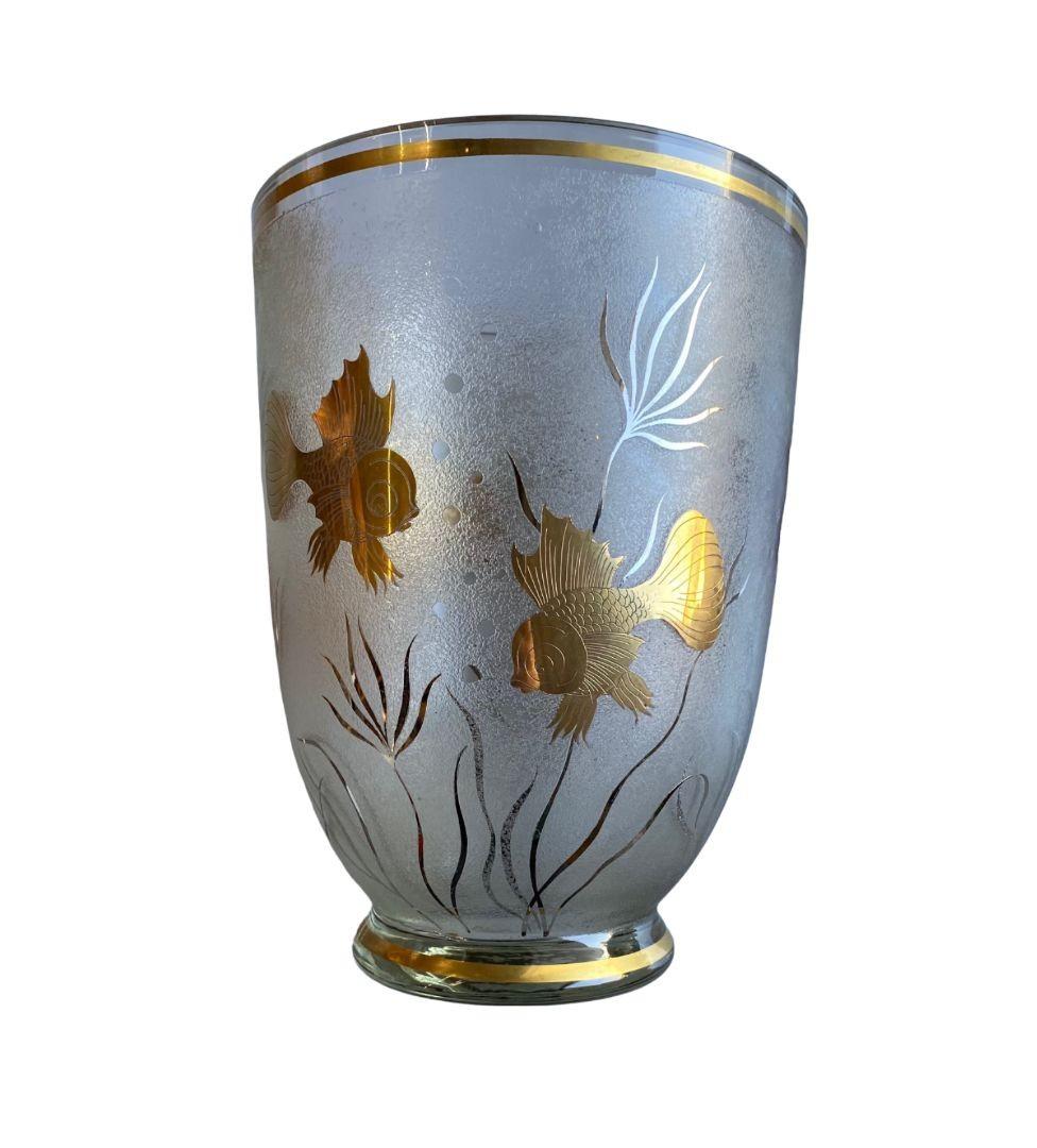 1930s Etched Glass with Gold Overlay Fishes Momumental Vase For Sale 1