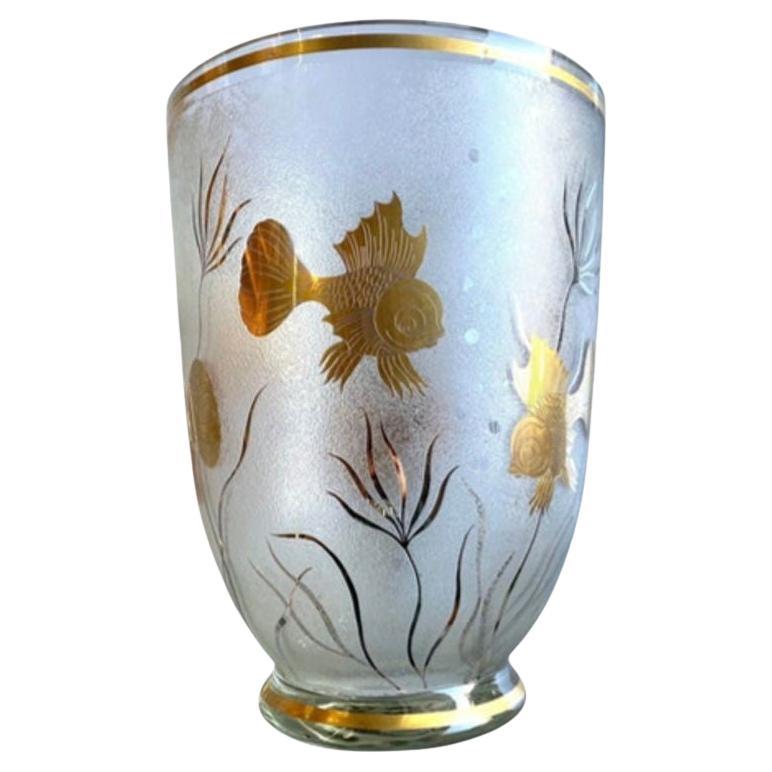 Monumental Etched Glass Vase with Gold Fish Overlay For Sale