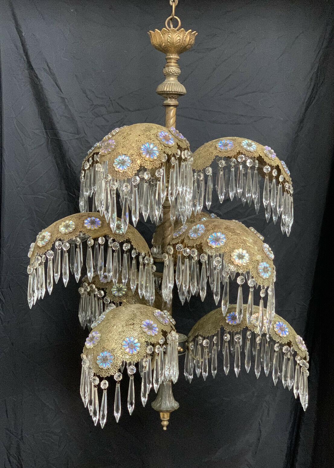 Mid-20th Century 1930s European Art Deco 9 Light Palm Frond / Crystal Adorned Chandelier  For Sale