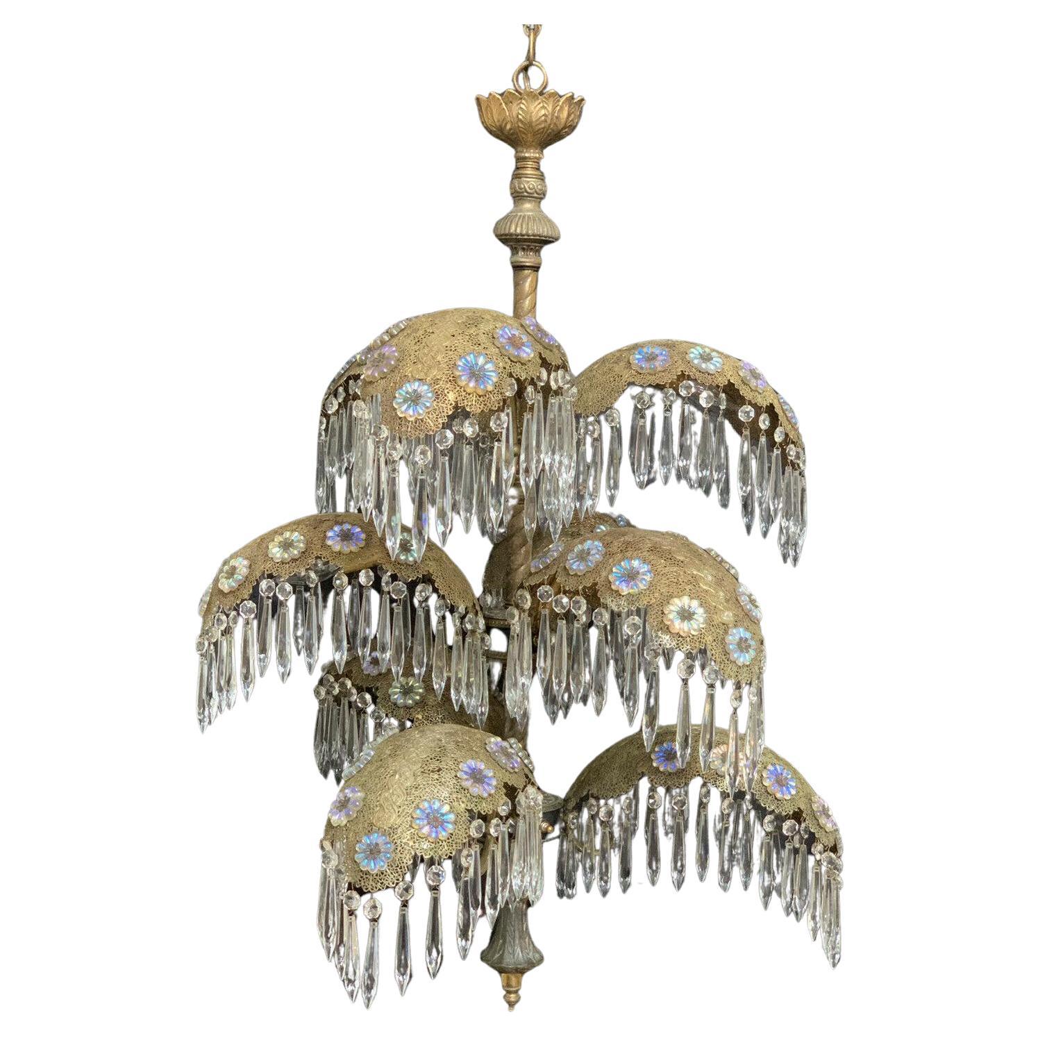 1930s European Art Deco 9 Light Palm Frond / Crystal Adorned Chandelier  For Sale