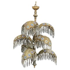Vintage 1930s European Art Deco 9 Light Palm Frond / Crystal Adorned Chandelier 
