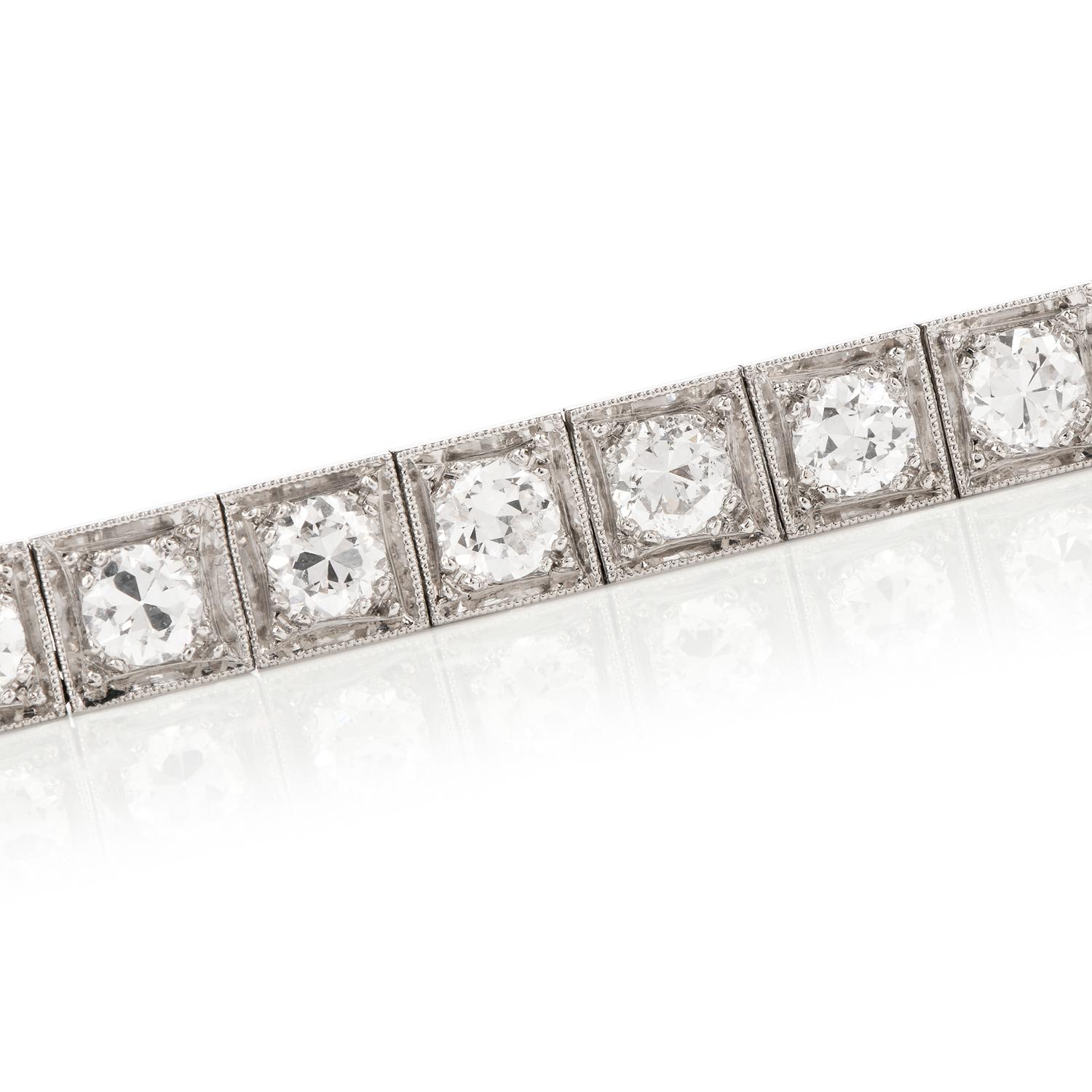 Round Cut 1930s European Diamond Square Platinum Straight Line Bracelet