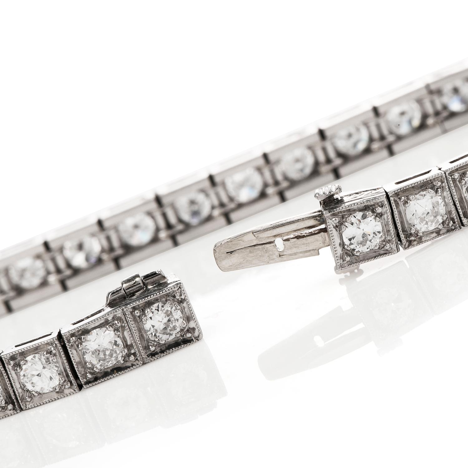 1930s European Diamond Square Platinum Straight Line Bracelet In Excellent Condition In Miami, FL