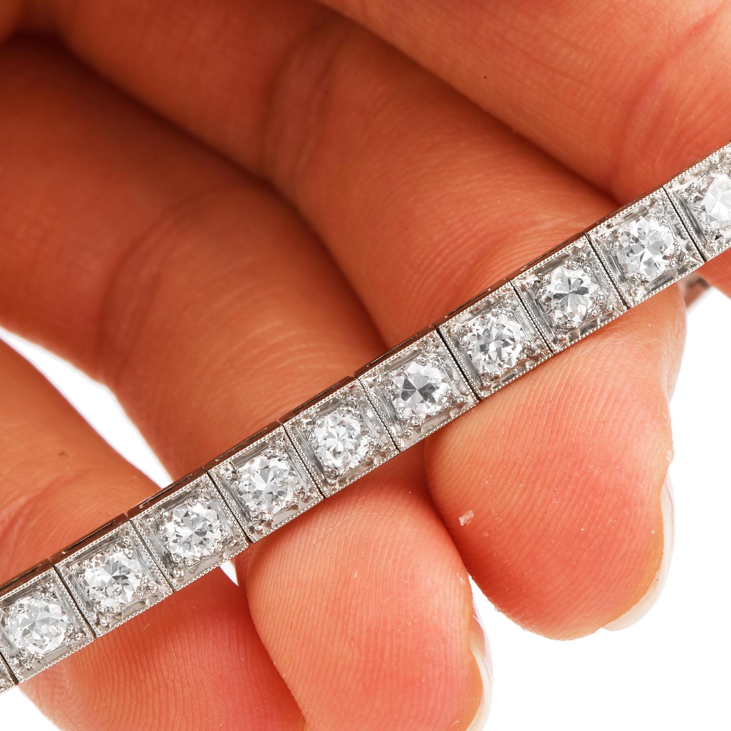 Women's 1930s European Diamond Square Platinum Straight Line Bracelet