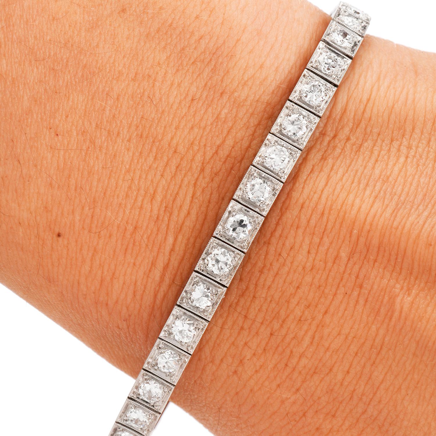 This classic diamond tennis bracelet is crafted in solid platinum, weighing 21 grams and measuring 6 ½ inches around the wrist x 5mm wide. Showcasing 36 old-European cut diamonds, prong-set into square frames, collectively weighing approximately,