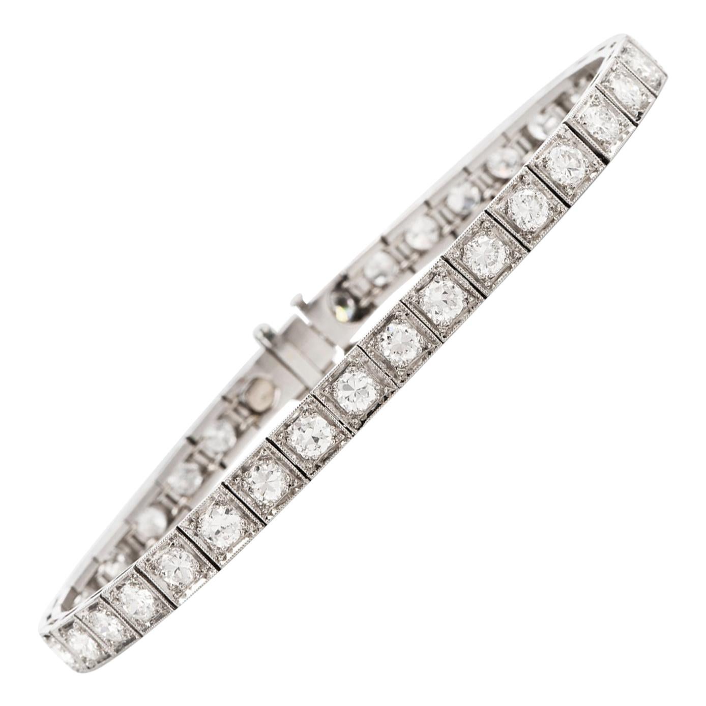 1930s European Diamond Square Platinum Straight Line Bracelet