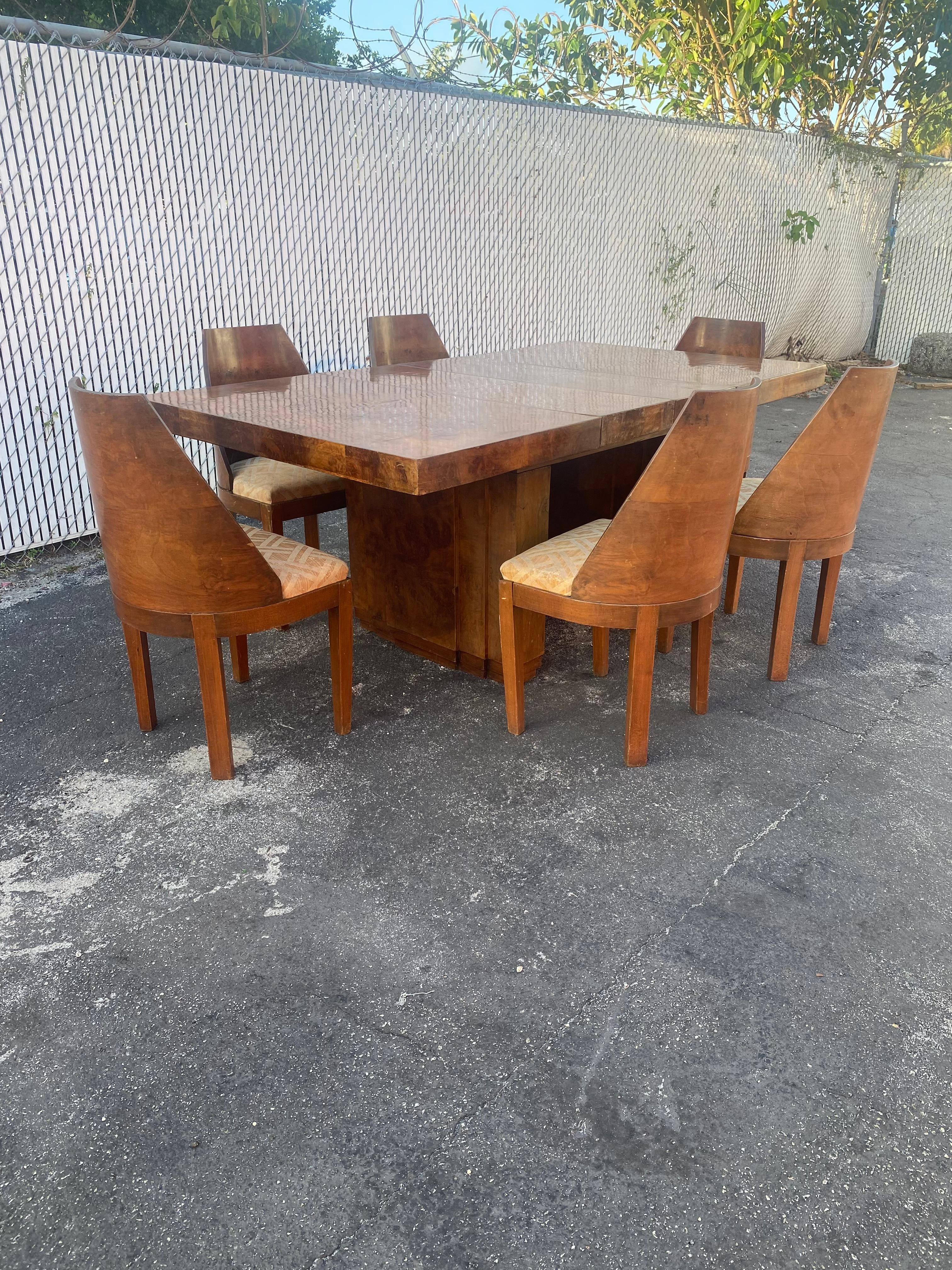 Upholstery 1930s Gilbert Rohde Style Walnut  Extendable Burlwood Dining Table Set, Set of 7 For Sale