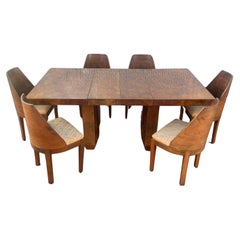Vintage 1930s Gilbert Rohde Style Walnut  Extendable Burlwood Dining Table Set, Set of 7