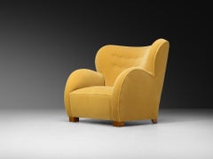 1930s Extremely Grand Danish Lounge Chair Reupholstered in Yellow Mohair