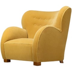 1930s Extremely Grand Danish Lounge Chair Reupholstered in Yellow Mohair